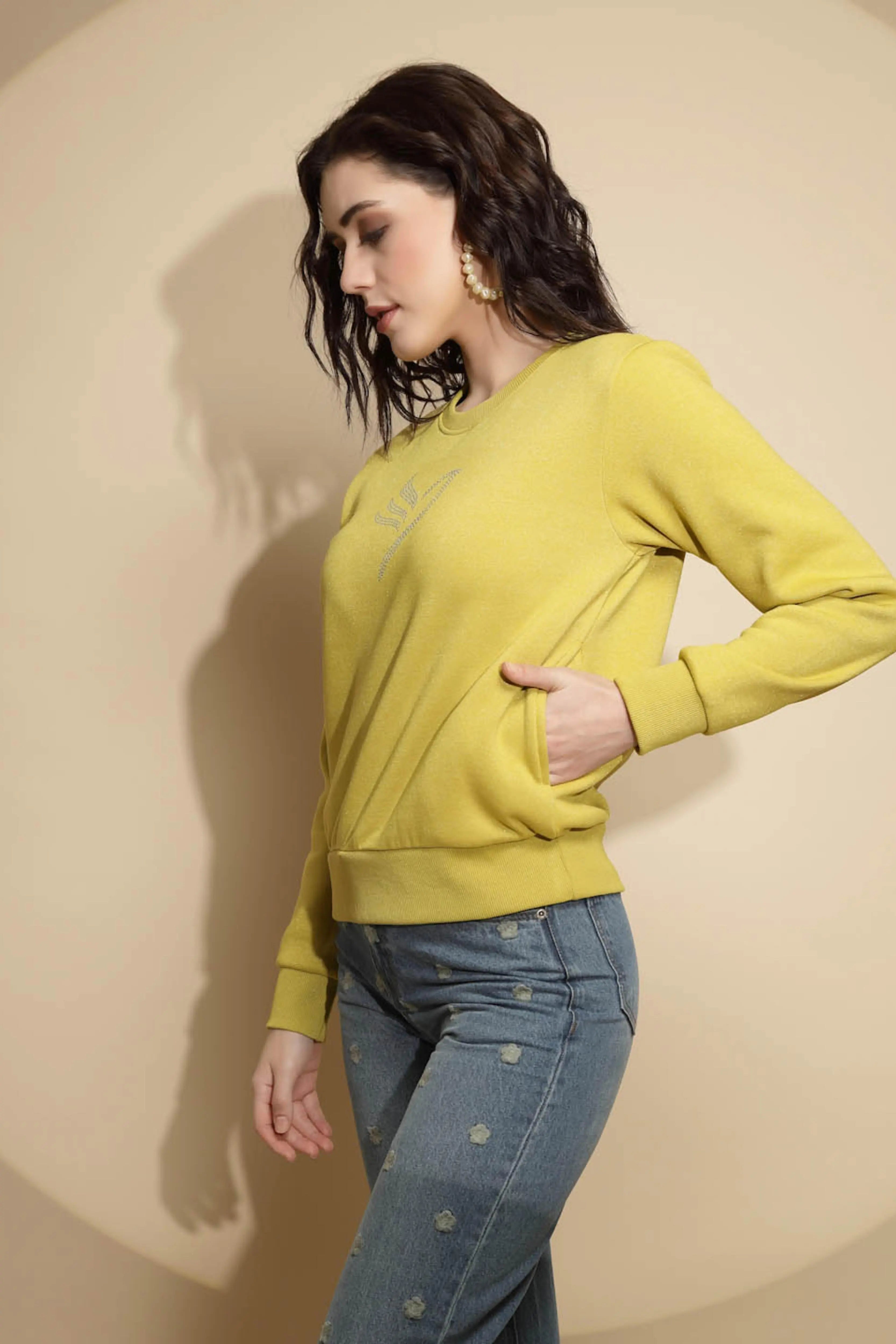 Mustard Solid Acrylic Sweatshirt - Global Republic