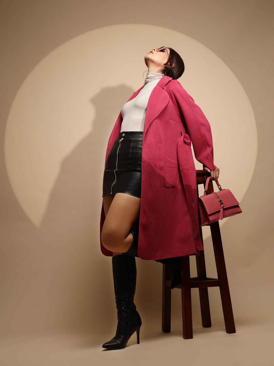 Women Pink Solid Collared Neck Full Sleeve Suede Long Wrap Coat - Global Republic