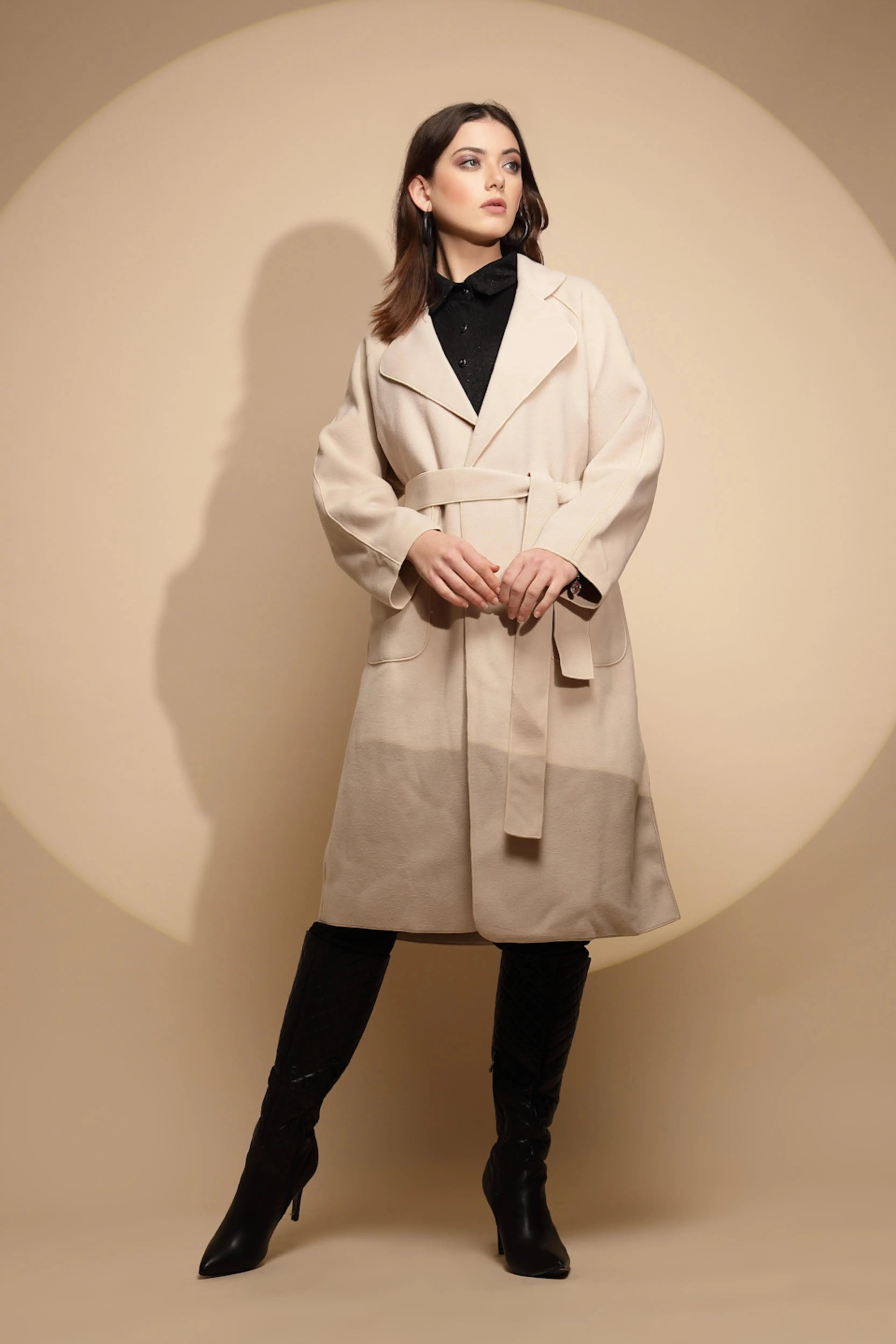 Women White Solid Collared Neck Full Sleeve Seude Long Wrap Coat - Global Republic