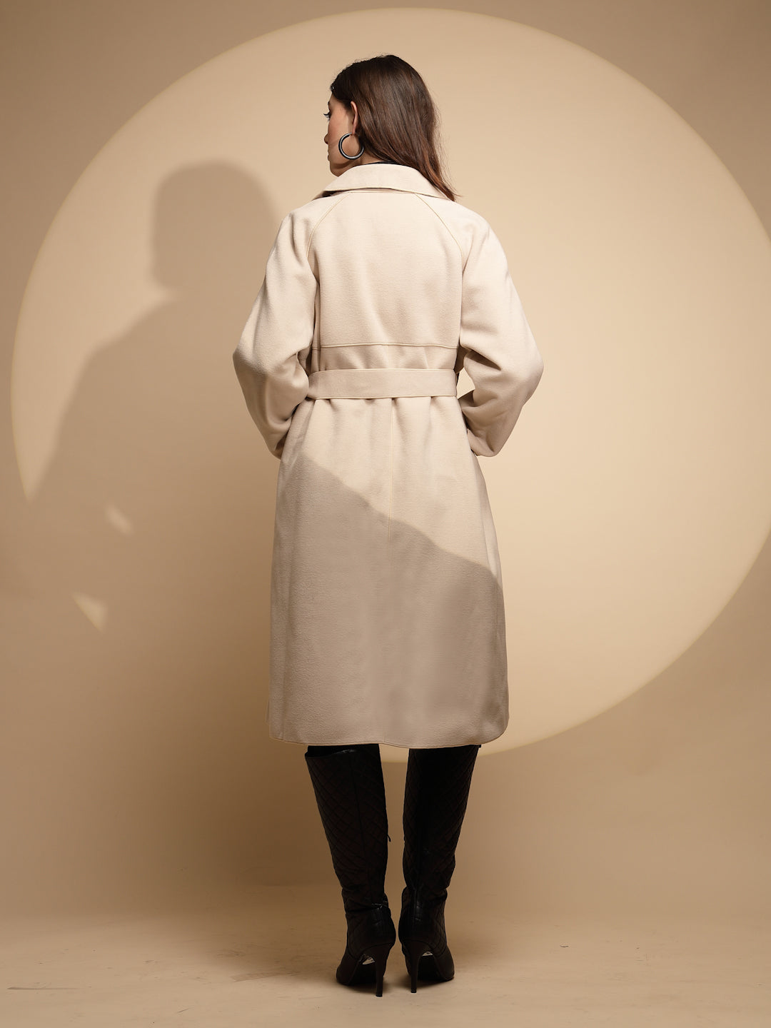 Women White Solid Collared Neck Full Sleeve Seude Long Wrap Coat - Global Republic