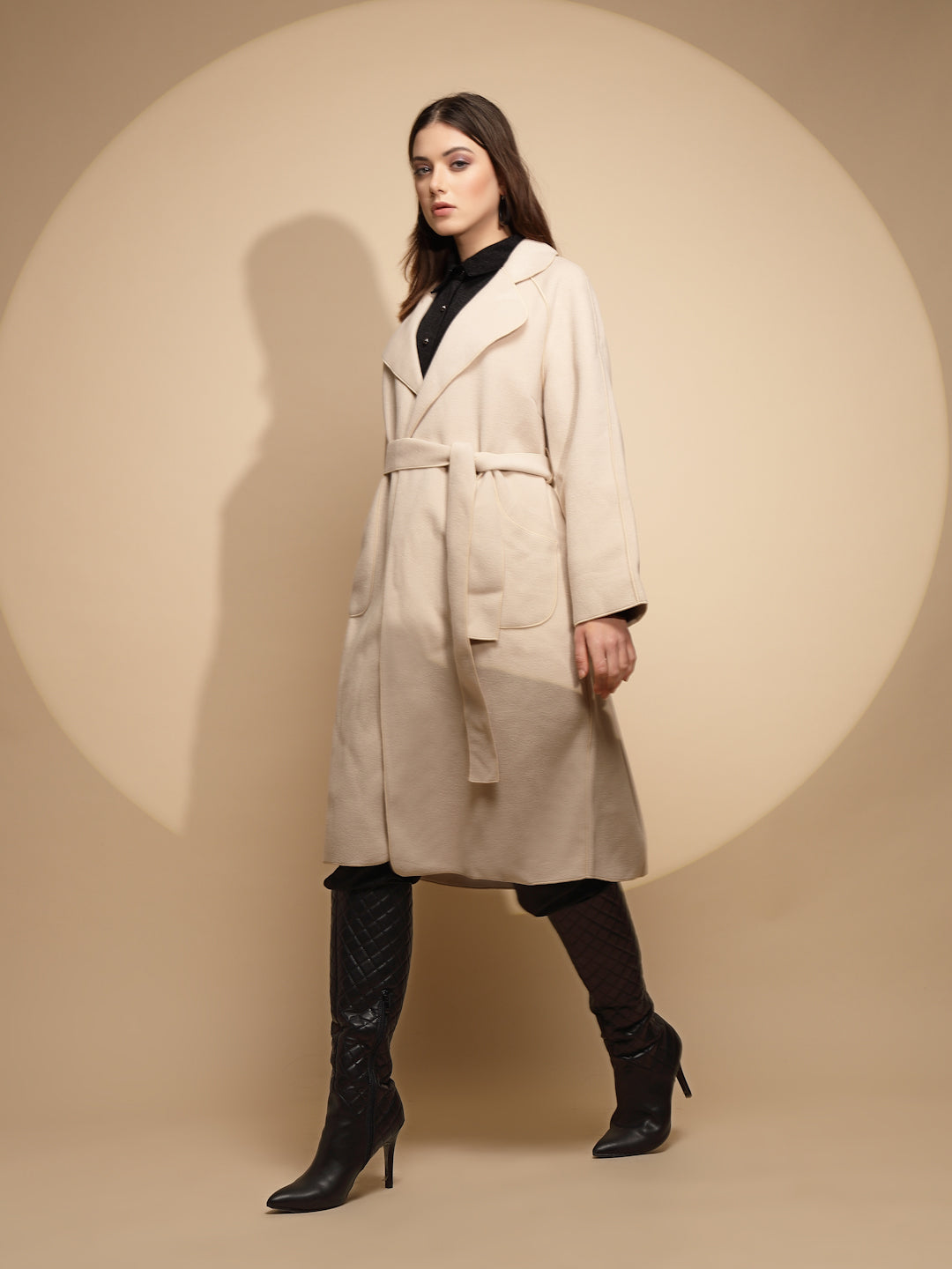 Women White Solid Collared Neck Full Sleeve Seude Long Wrap Coat - Global Republic