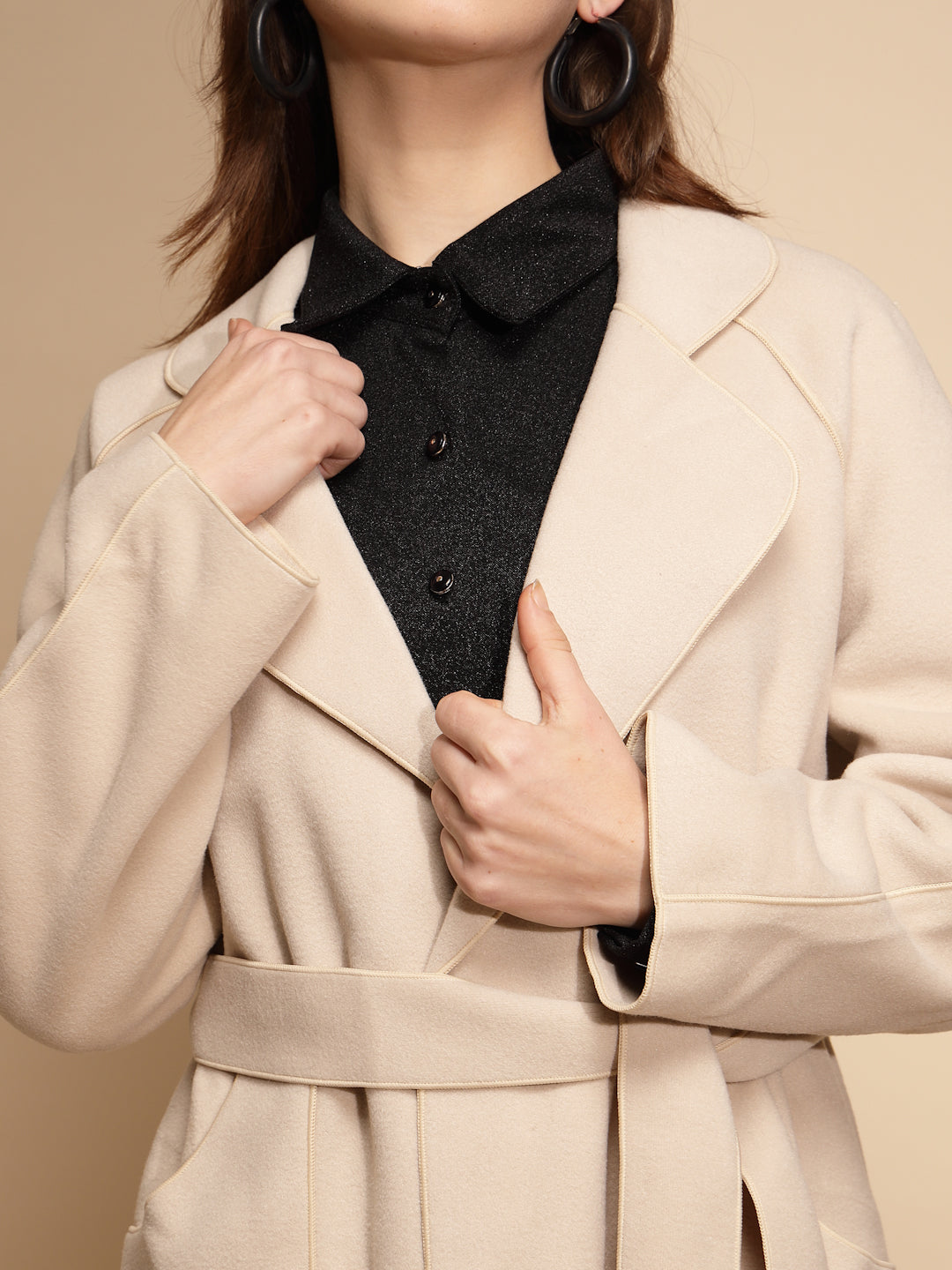 Women White Solid Collared Neck Full Sleeve Seude Long Wrap Coat - Global Republic