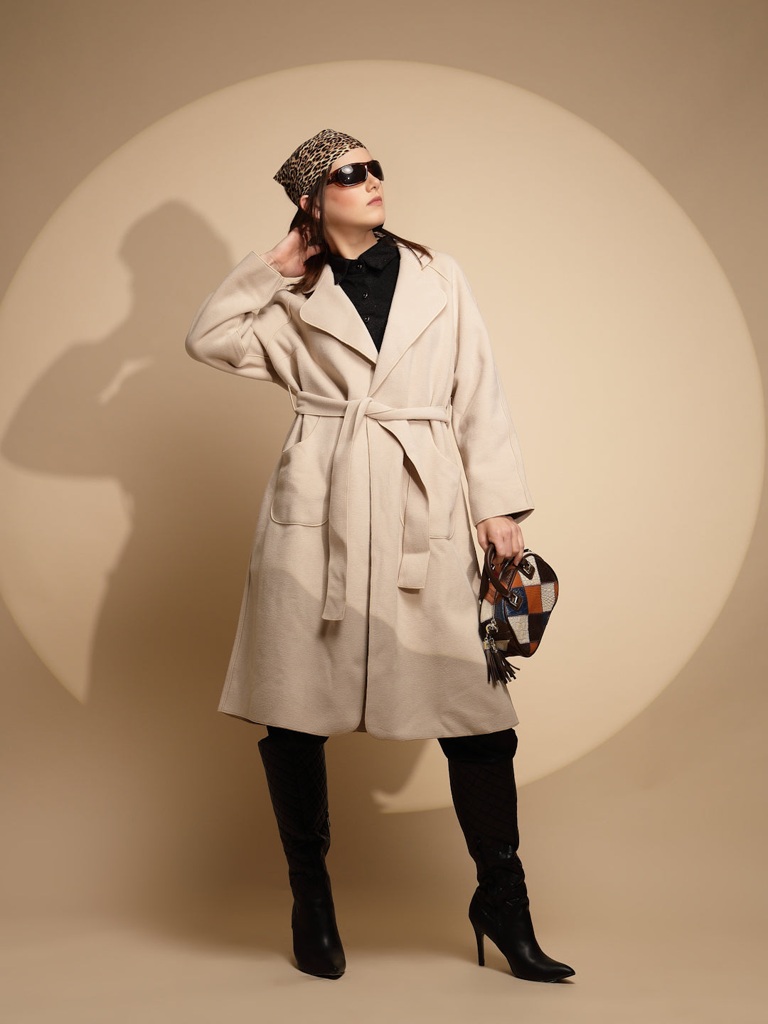 Women White Solid Collared Neck Full Sleeve Seude Long Wrap Coat - Global Republic