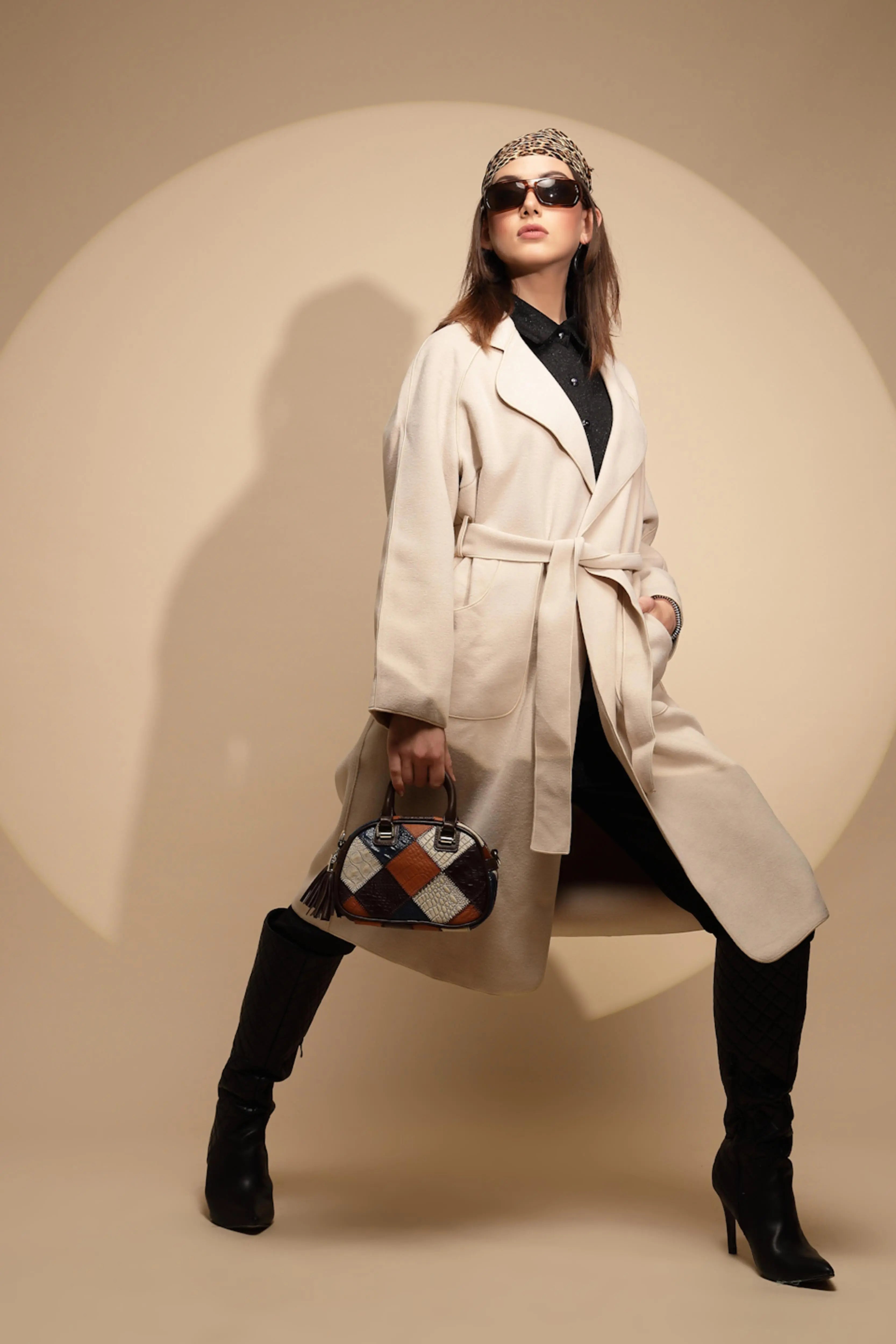 White Solid Collared Neck Full Sleeve Seude Long Wrap Coat - Global Republic