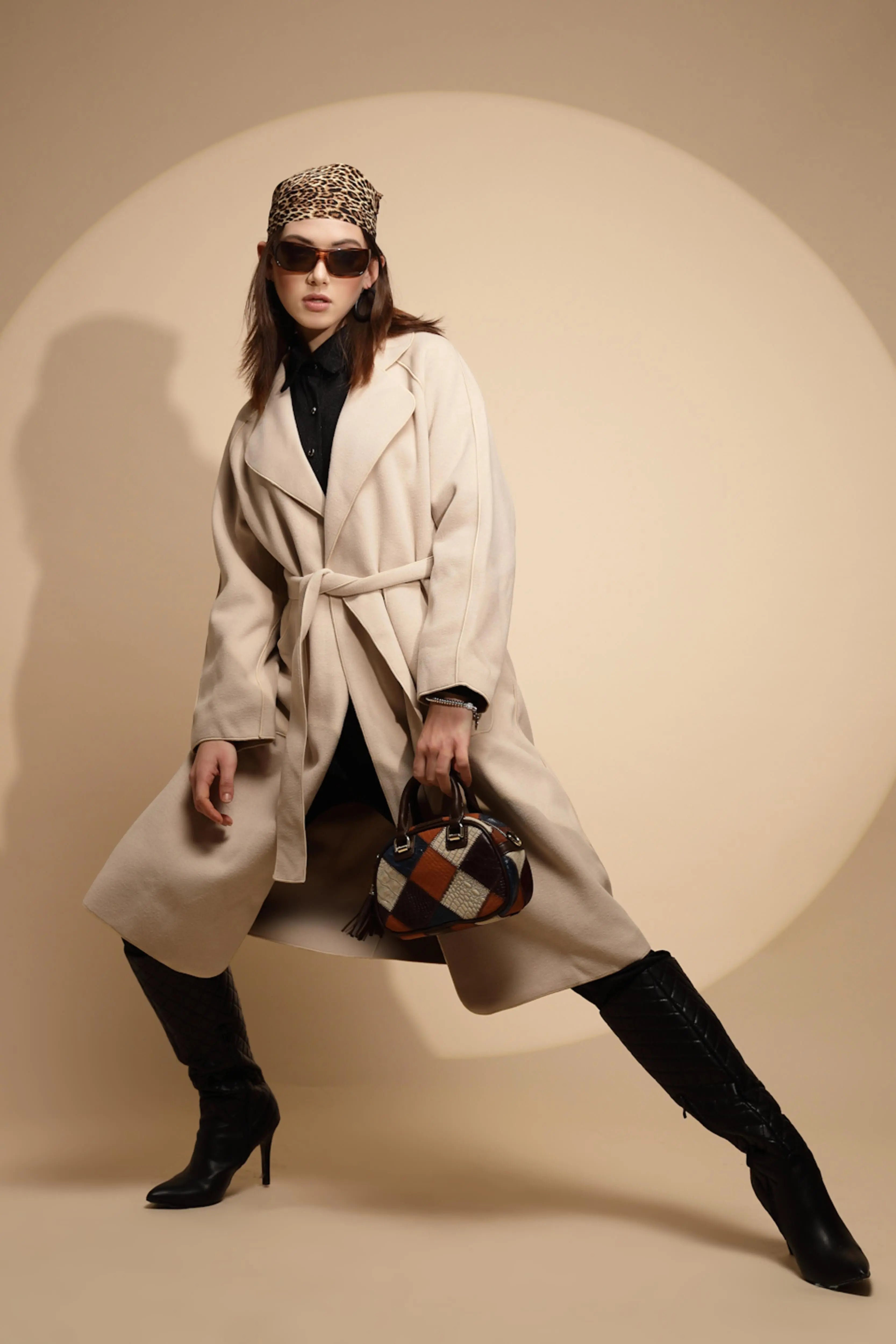 White Solid Collared Neck Full Sleeve Seude Long Wrap Coat - Global Republic