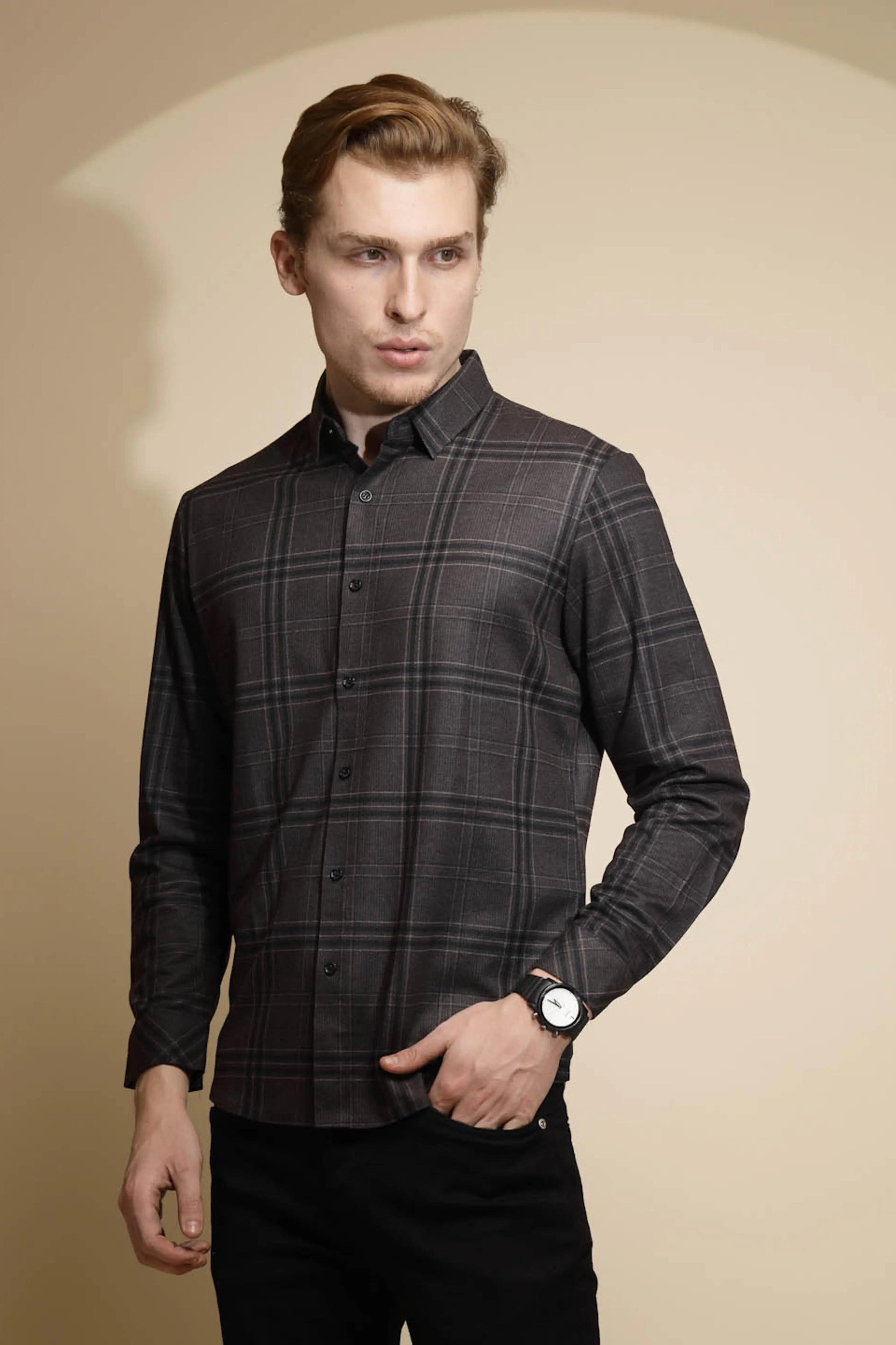 Dark Grey Checkered Full Sleeve Collared Neck Shirt - Global Republic