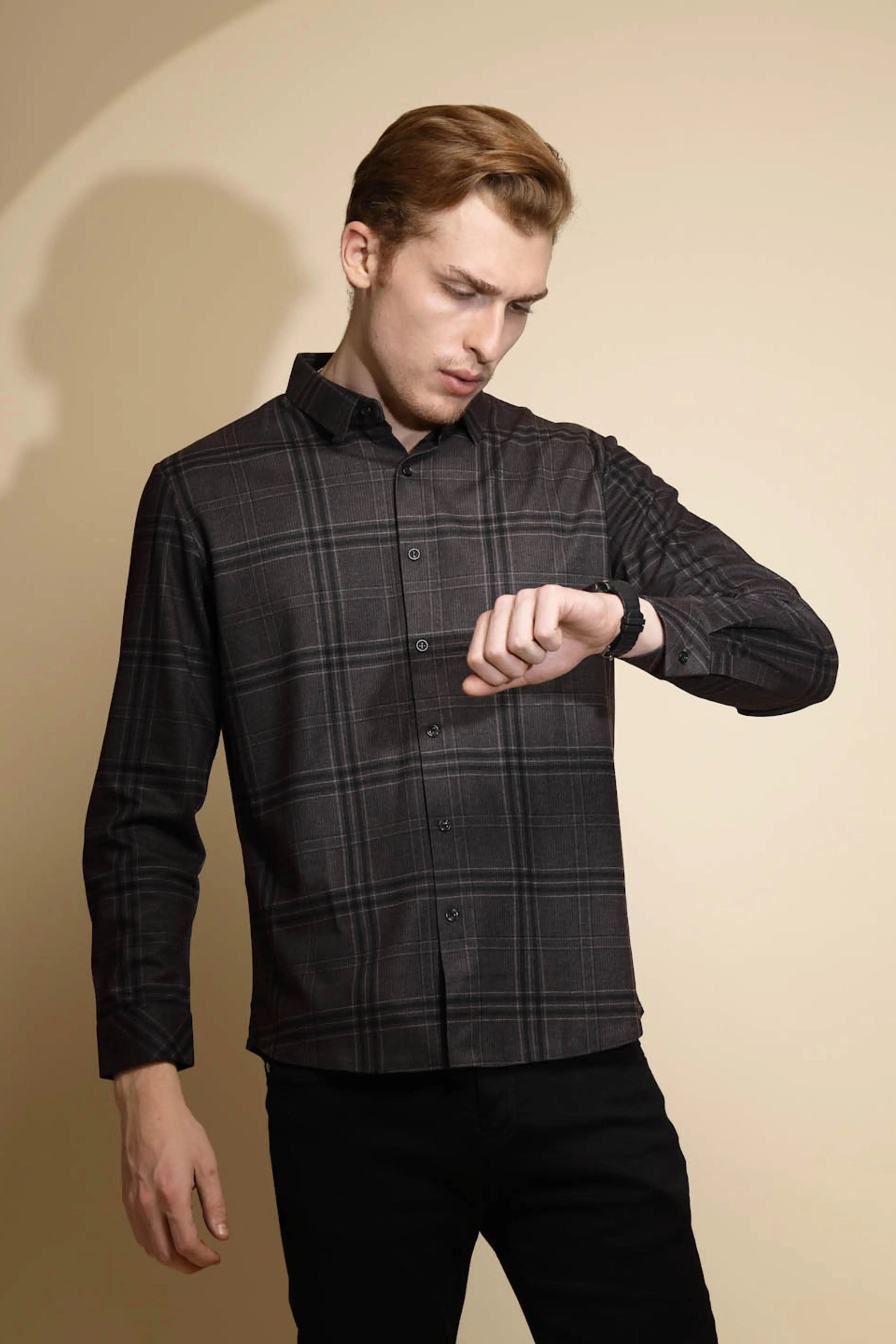 Dark Grey Checkered Full Sleeve Collared Neck Shirt - Global Republic