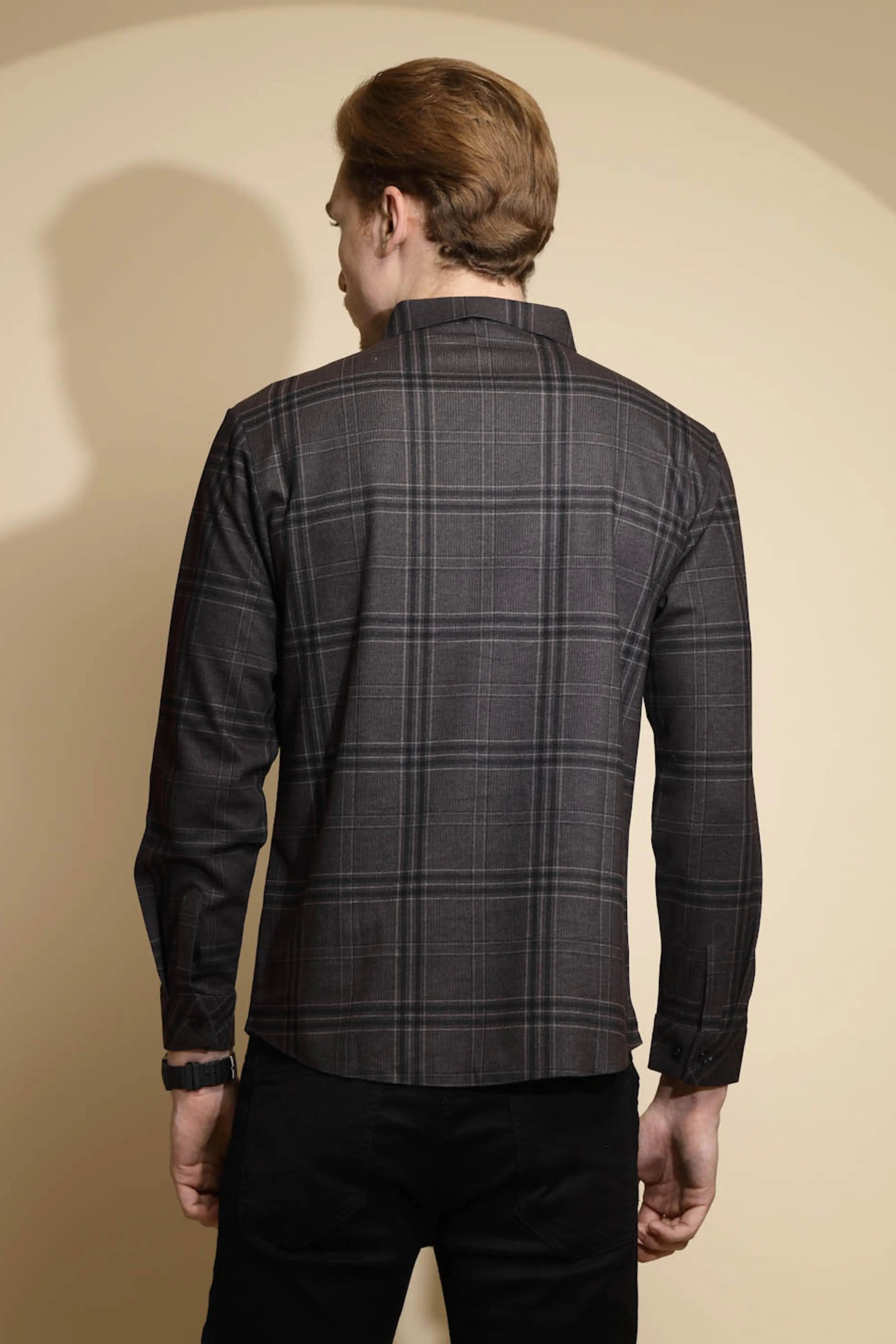 Dark Grey Checkered Full Sleeve Collared Neck Shirt - Global Republic