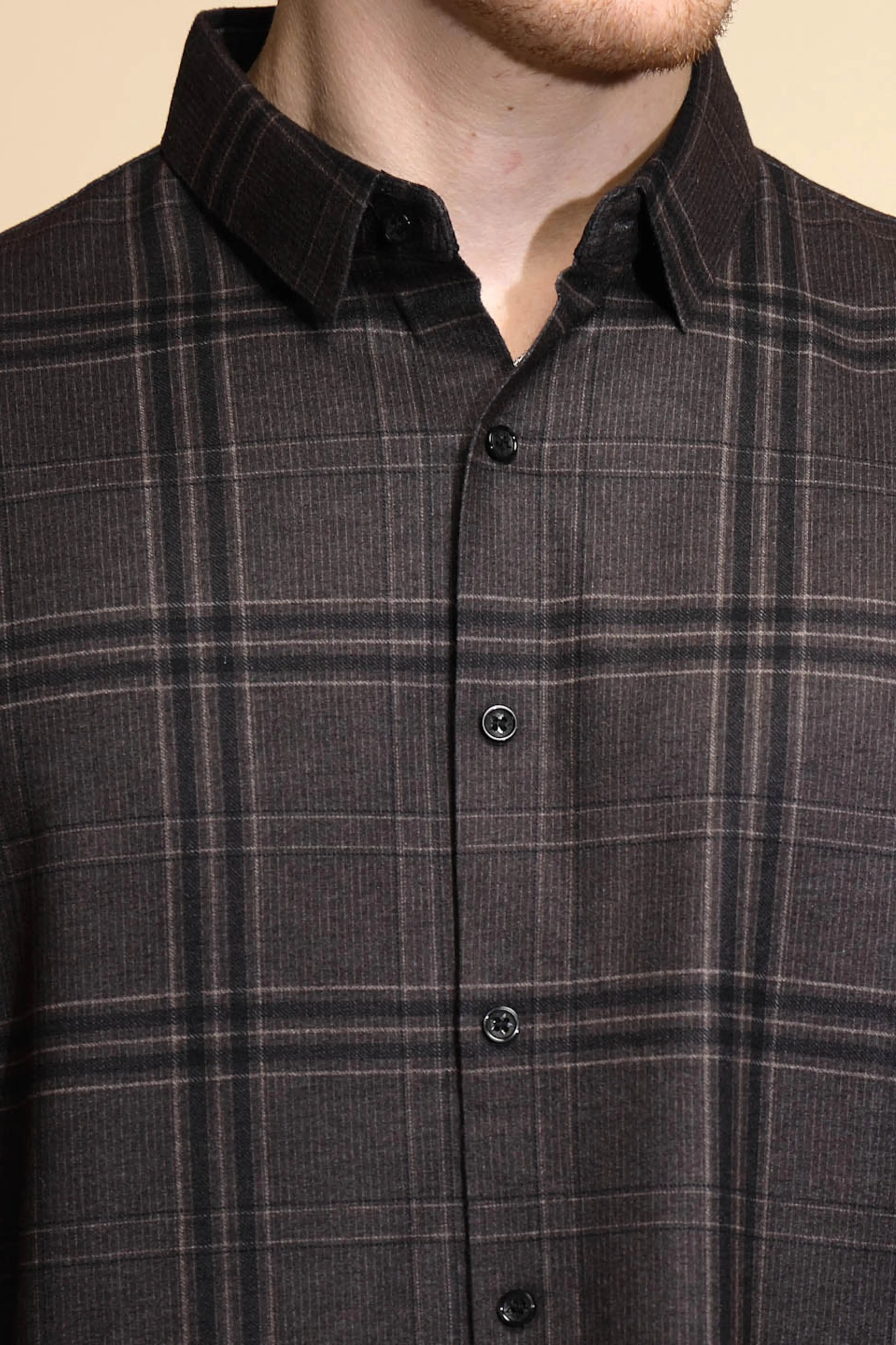 Dark Grey Checkered Full Sleeve Collared Neck Shirt - Global Republic