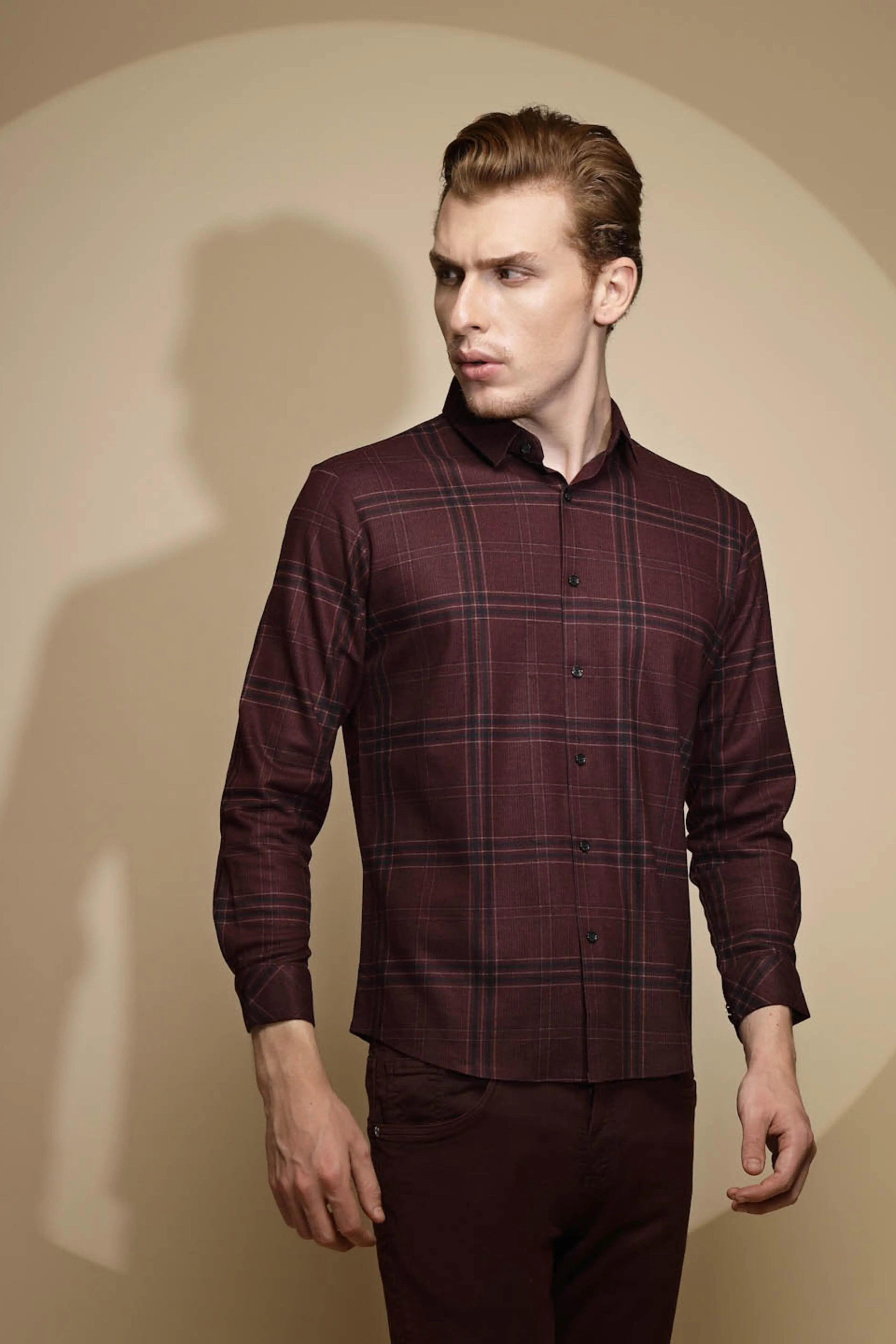 Wine Full Sleeve Collared Neck Check Shirt - Global Republic