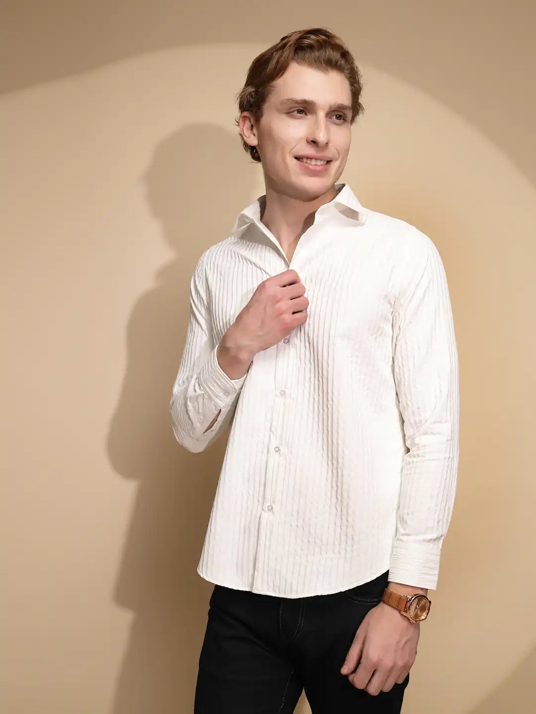 Men White Solid Full Sleeve Polycotton Slim Fit Shirt