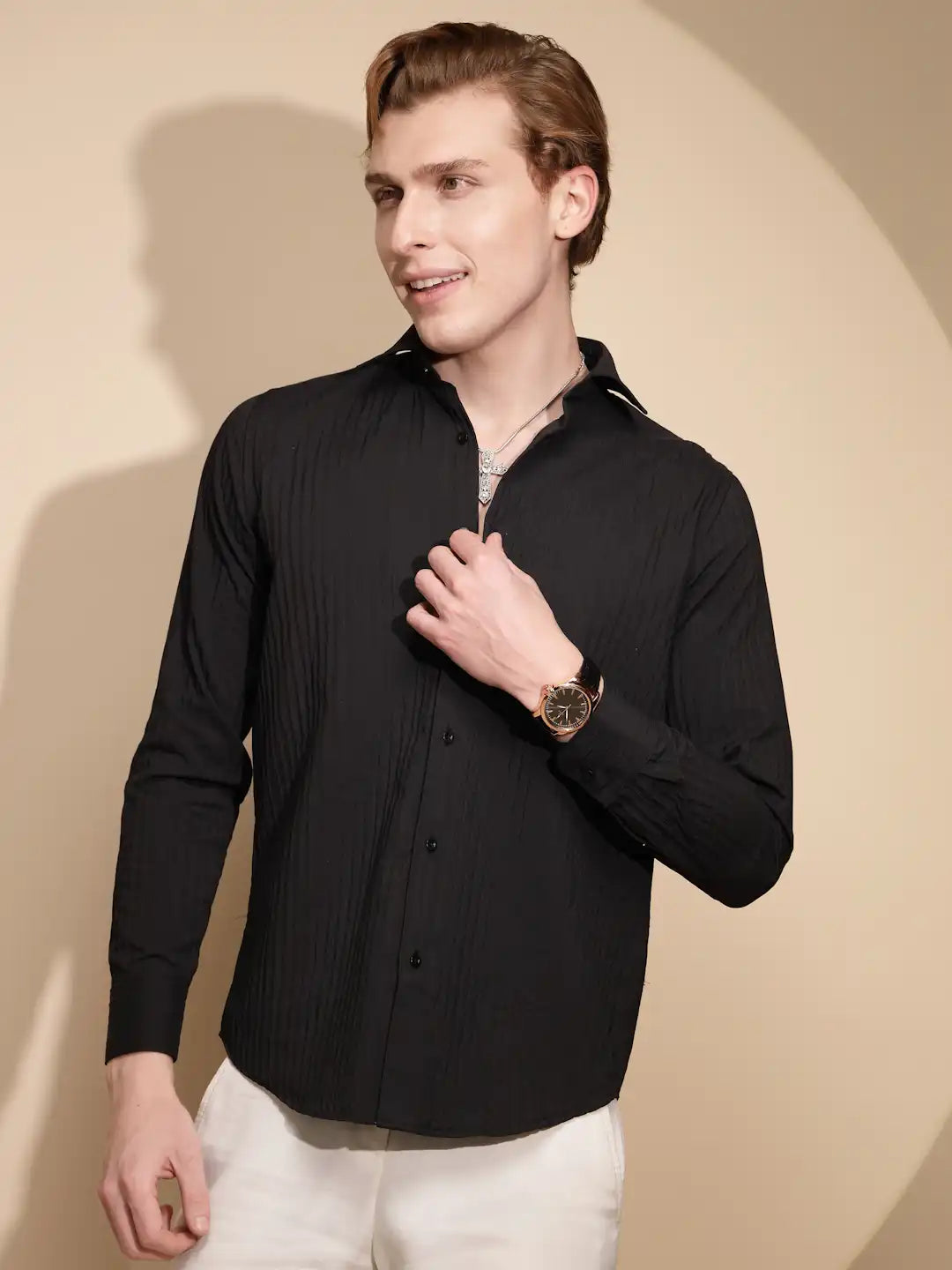 Men Black Solid Full Sleeve Collar Neck Polycotton Button Down Shirt