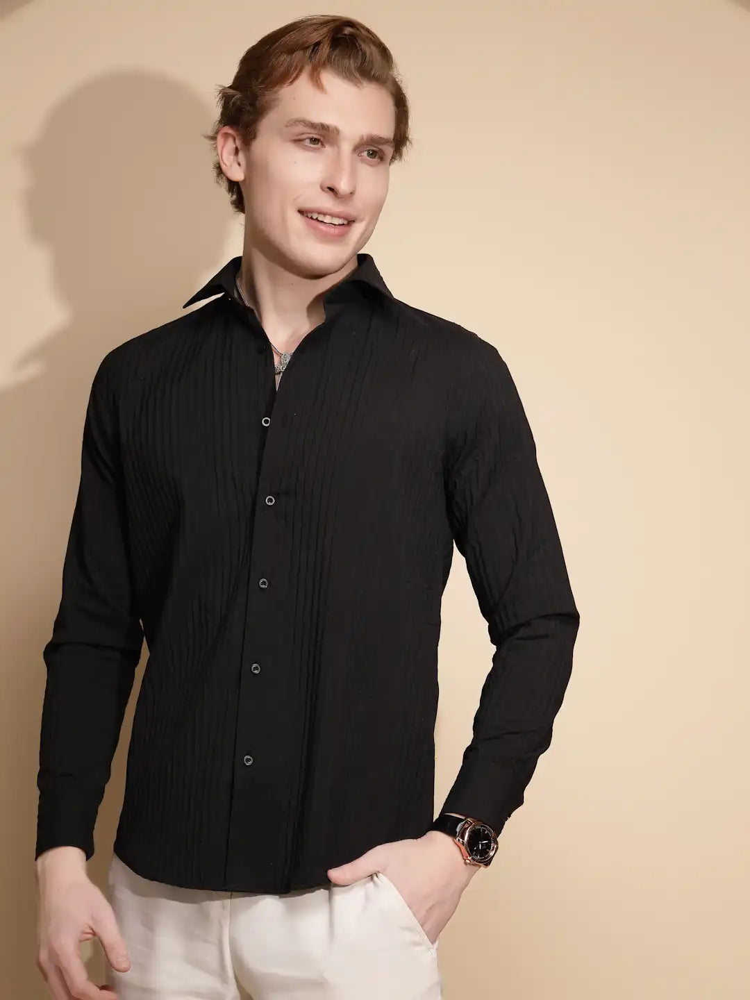 Men Black Solid Full Sleeve Collar Neck Polycotton Button Down Shirt