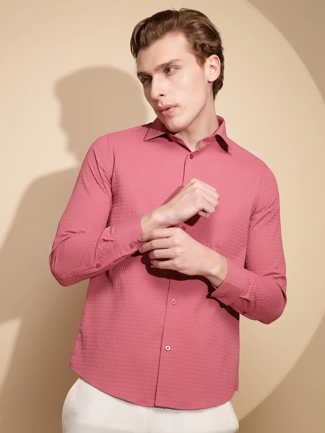 Men Coral Pink Solid Full Sleeve Collar Neck Polycotton Shirt