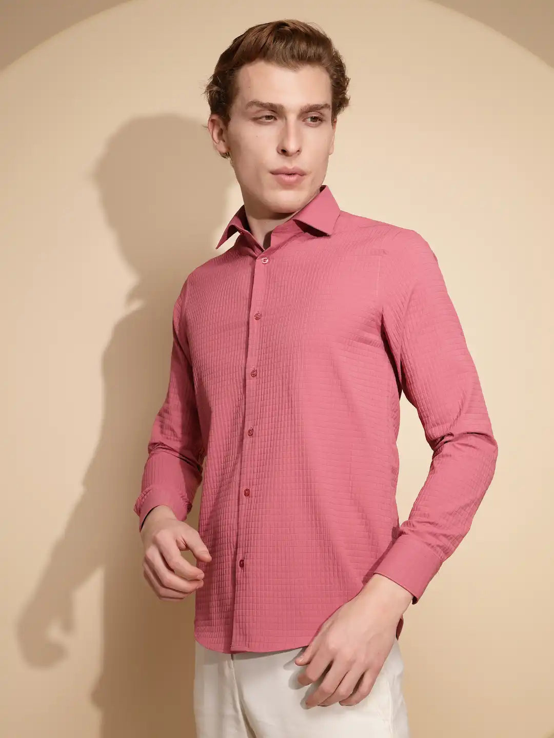 Men Coral Pink Solid Full Sleeve Collar Neck Polycotton Shirt