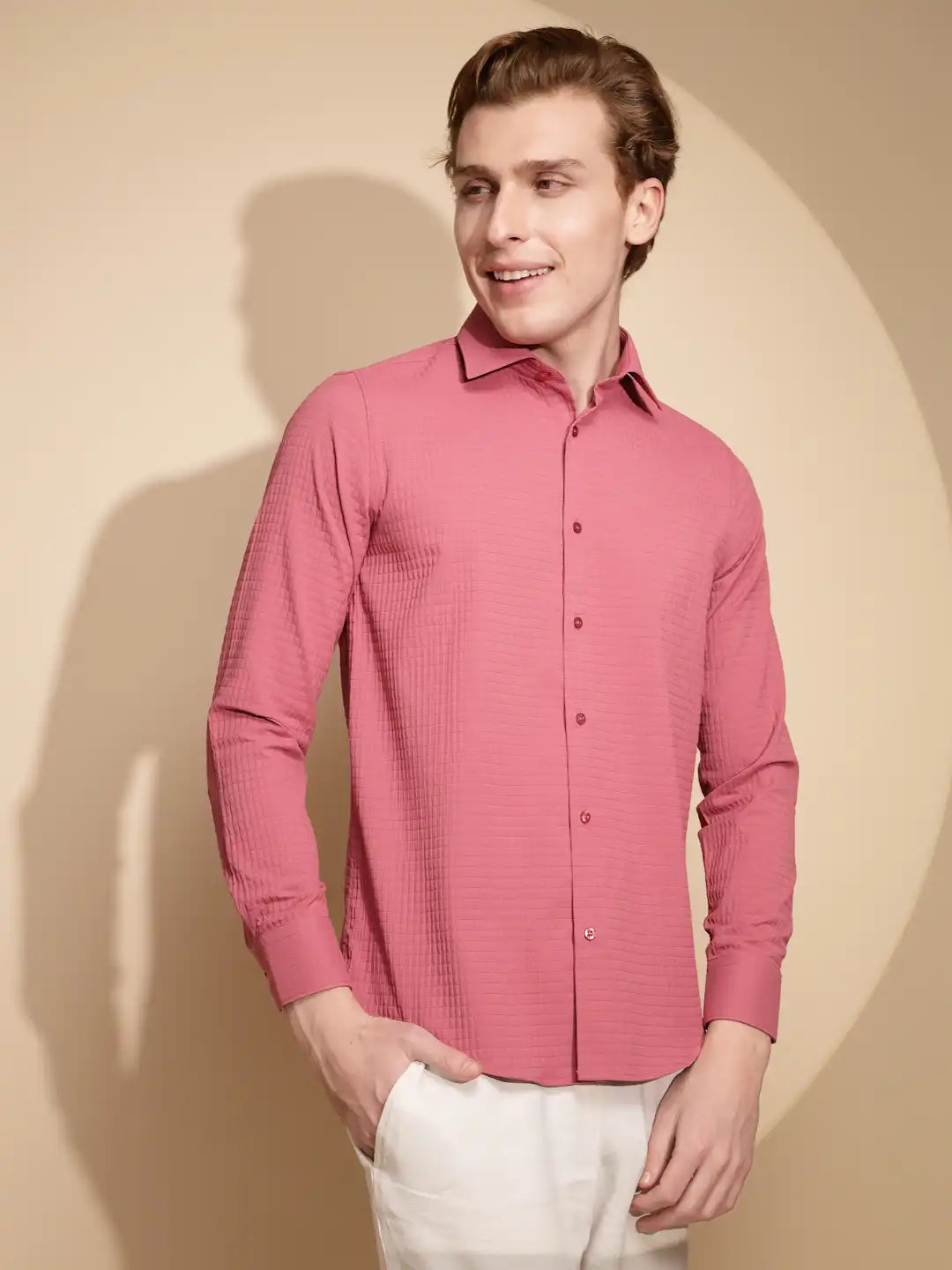 Men Coral Pink Solid Full Sleeve Collar Neck Polycotton Shirt