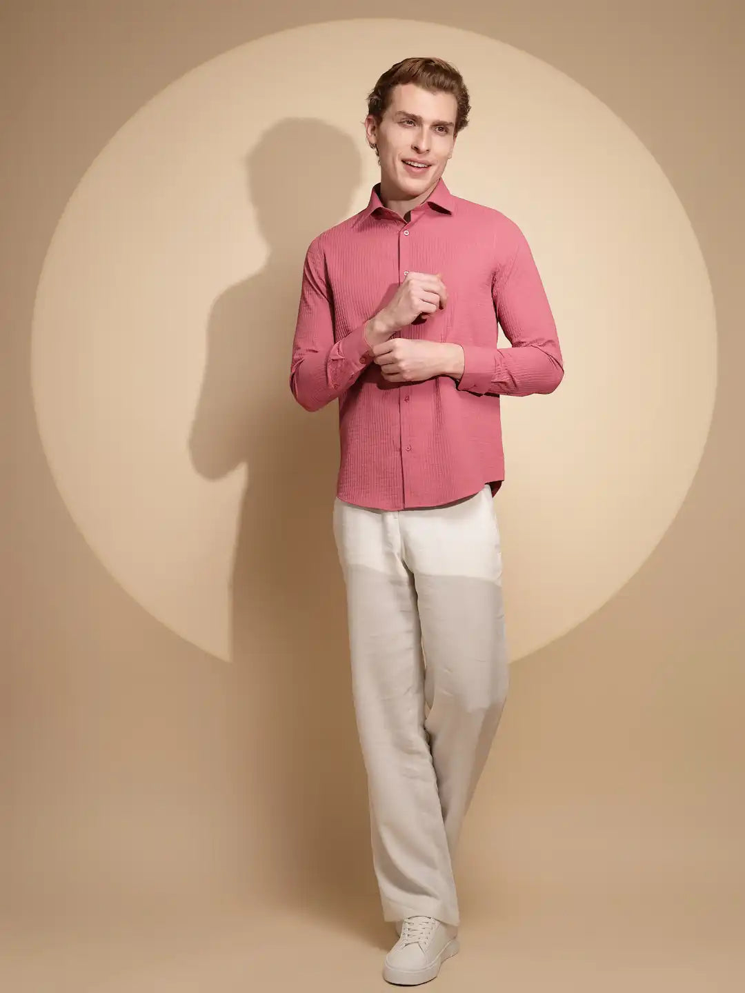 Men Coral Pink Solid Full Sleeve Collar Neck Polycotton Shirt