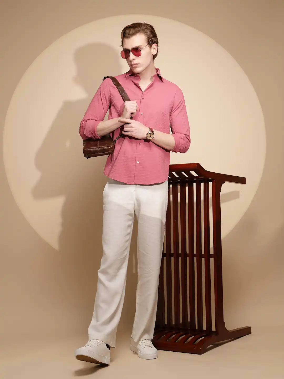 Men Coral Pink Solid Full Sleeve Collar Neck Polycotton Shirt