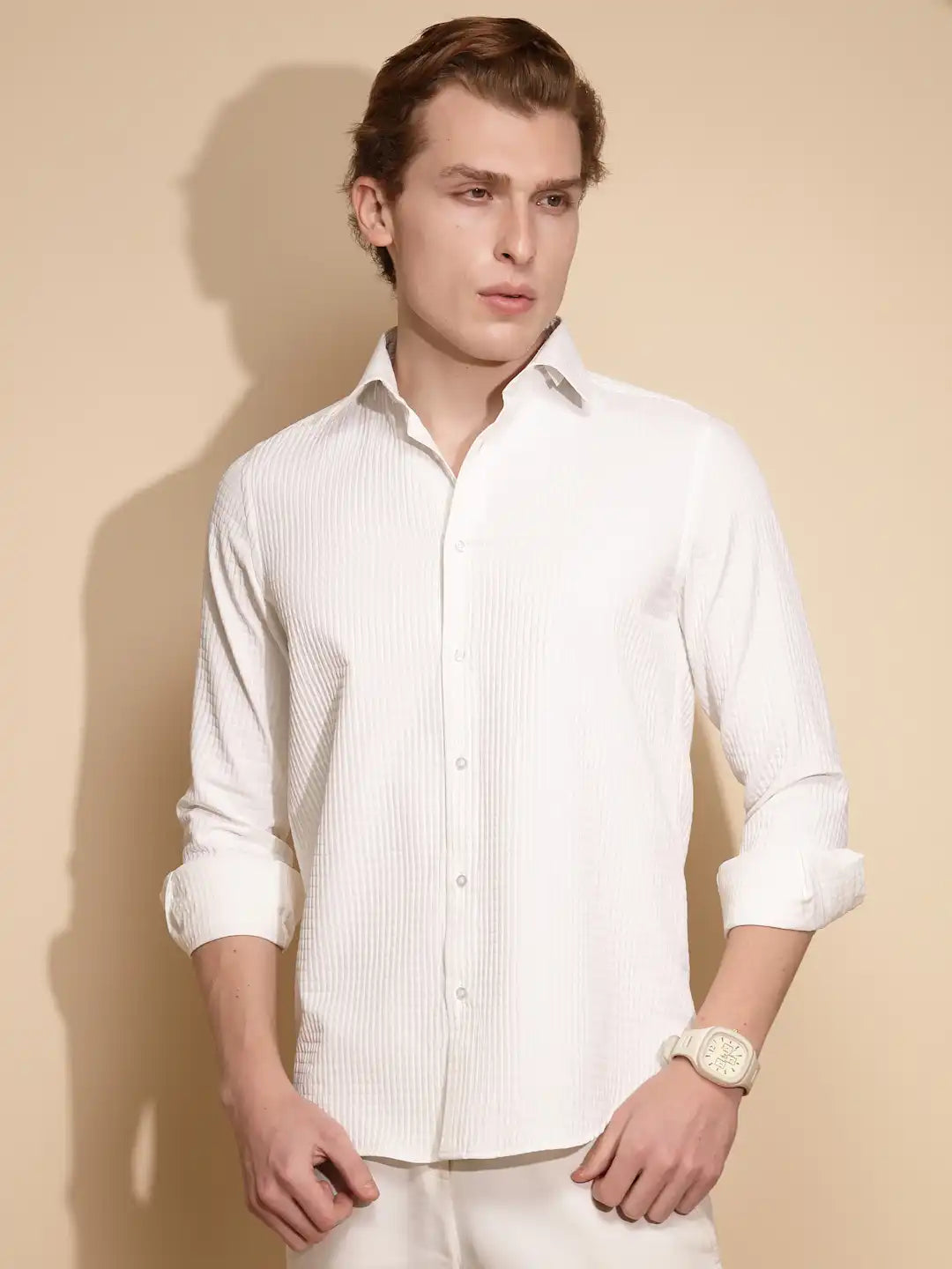 Men White Solid Full Sleeve Collar Neck Polycotton Shirt