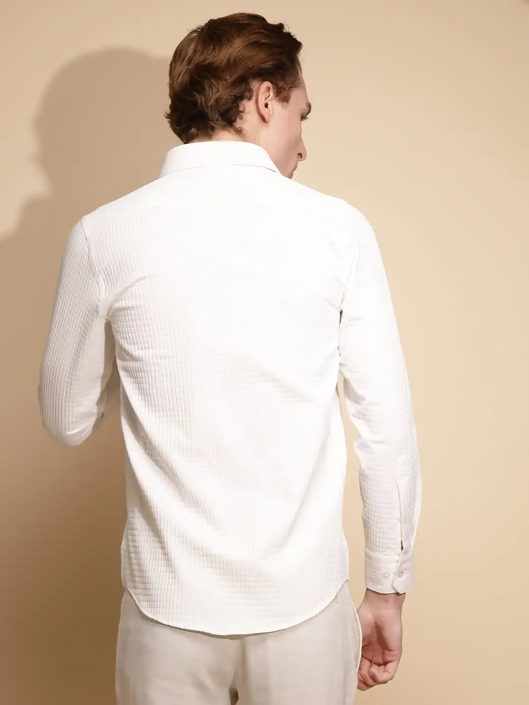 Men White Solid Full Sleeve Collar Neck Polycotton Shirt
