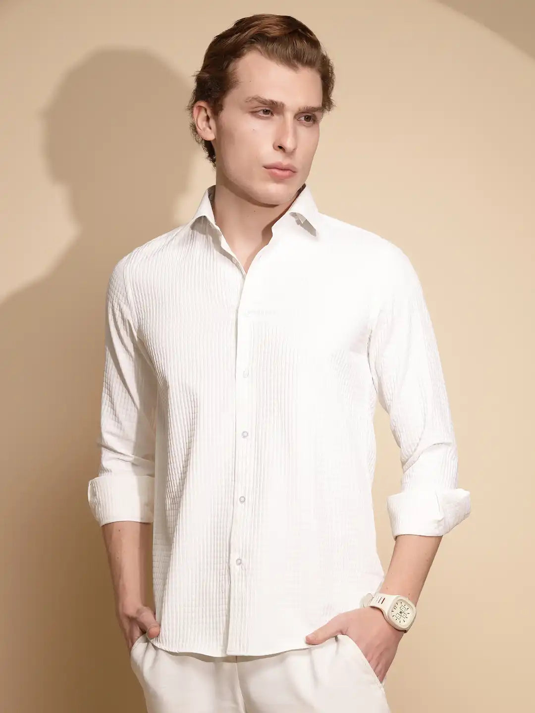 Men White Solid Full Sleeve Collar Neck Polycotton Shirt