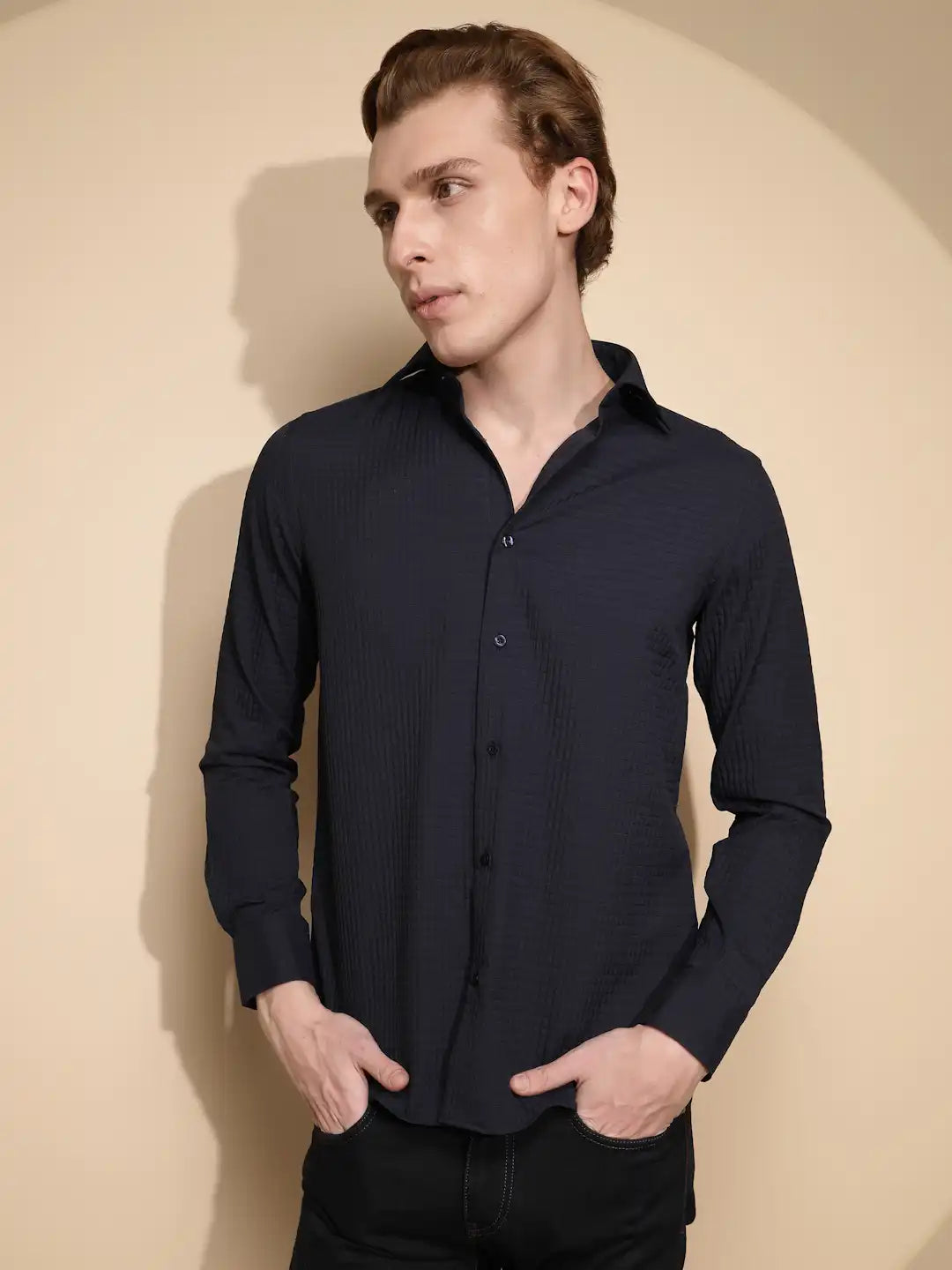 Men Navy Blue Solid Full Sleeve Collar Neck cotton Shirt - Global Republic