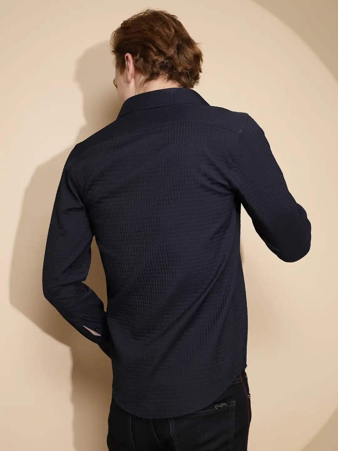 Men Navy Blue Solid Full Sleeve Collar Neck cotton Shirt - Global Republic