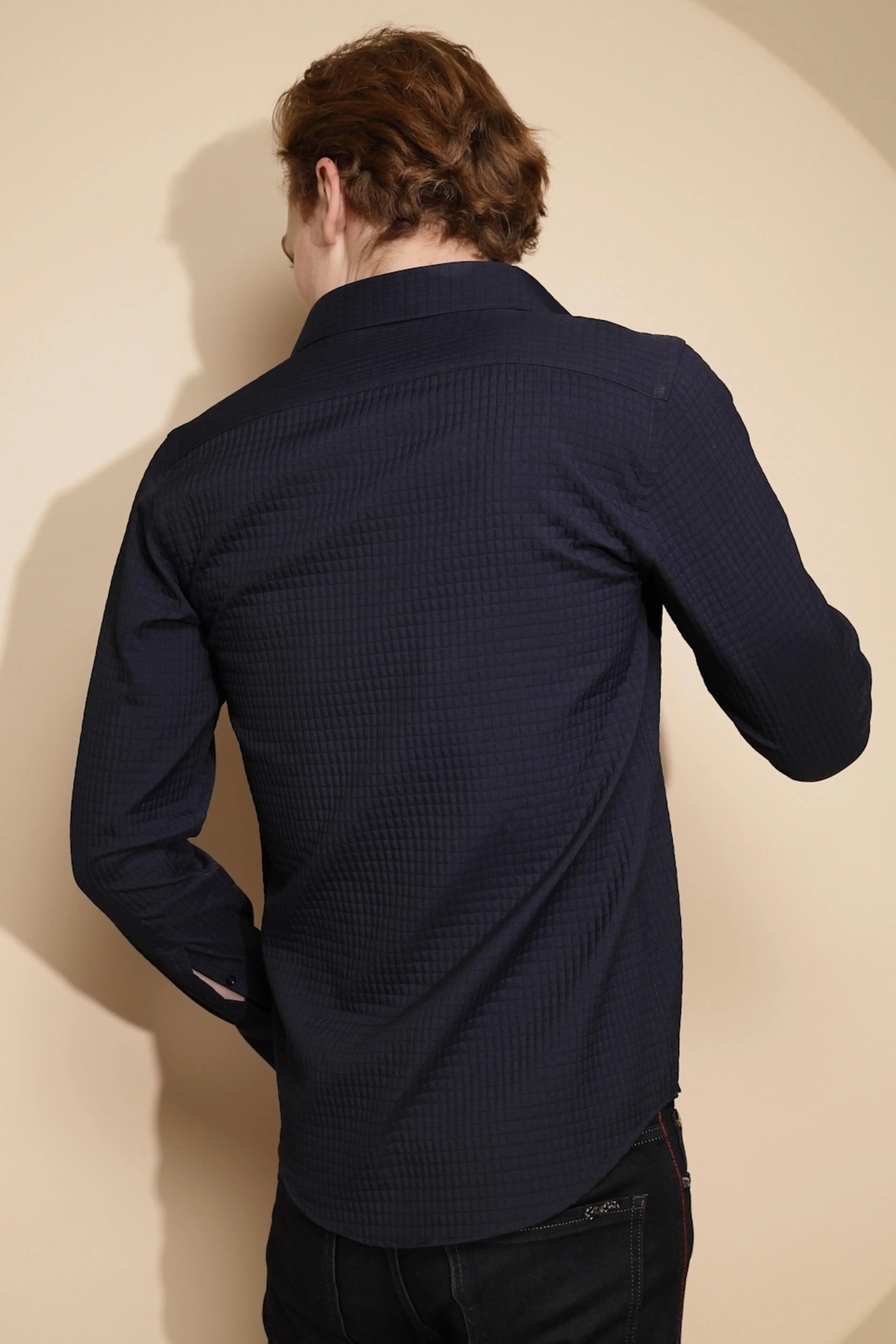 Men Navy Blue Solid Full Sleeve Collar Neck cotton Shirt - Global Republic