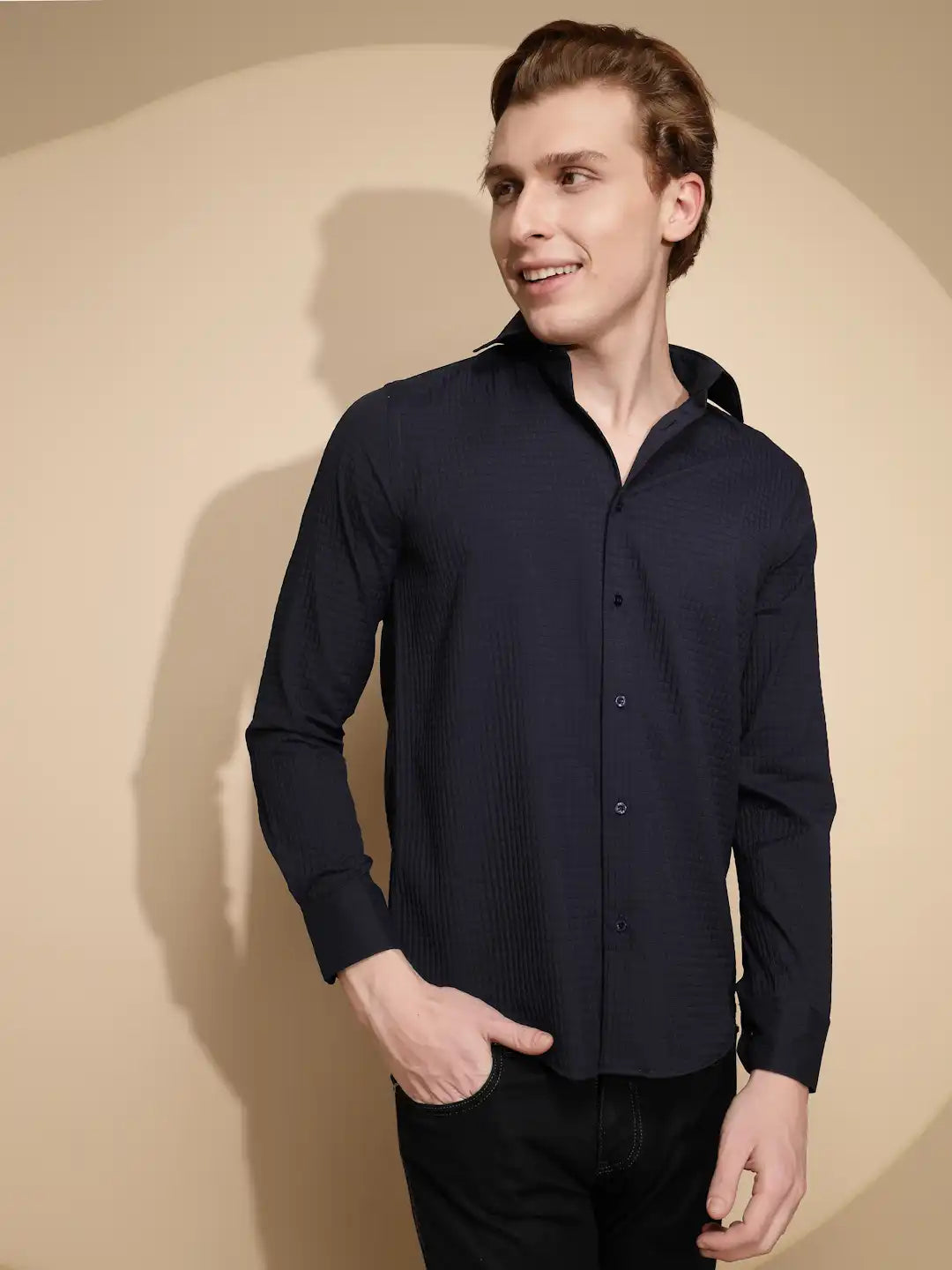 Navy Blue Solid Full Sleeve Collar Neck cotton Shirt - Global Republic