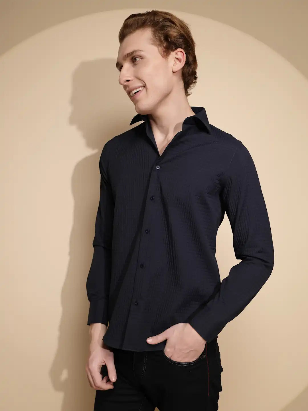 Navy Blue Solid Full Sleeve Collar Neck cotton Shirt - Global Republic