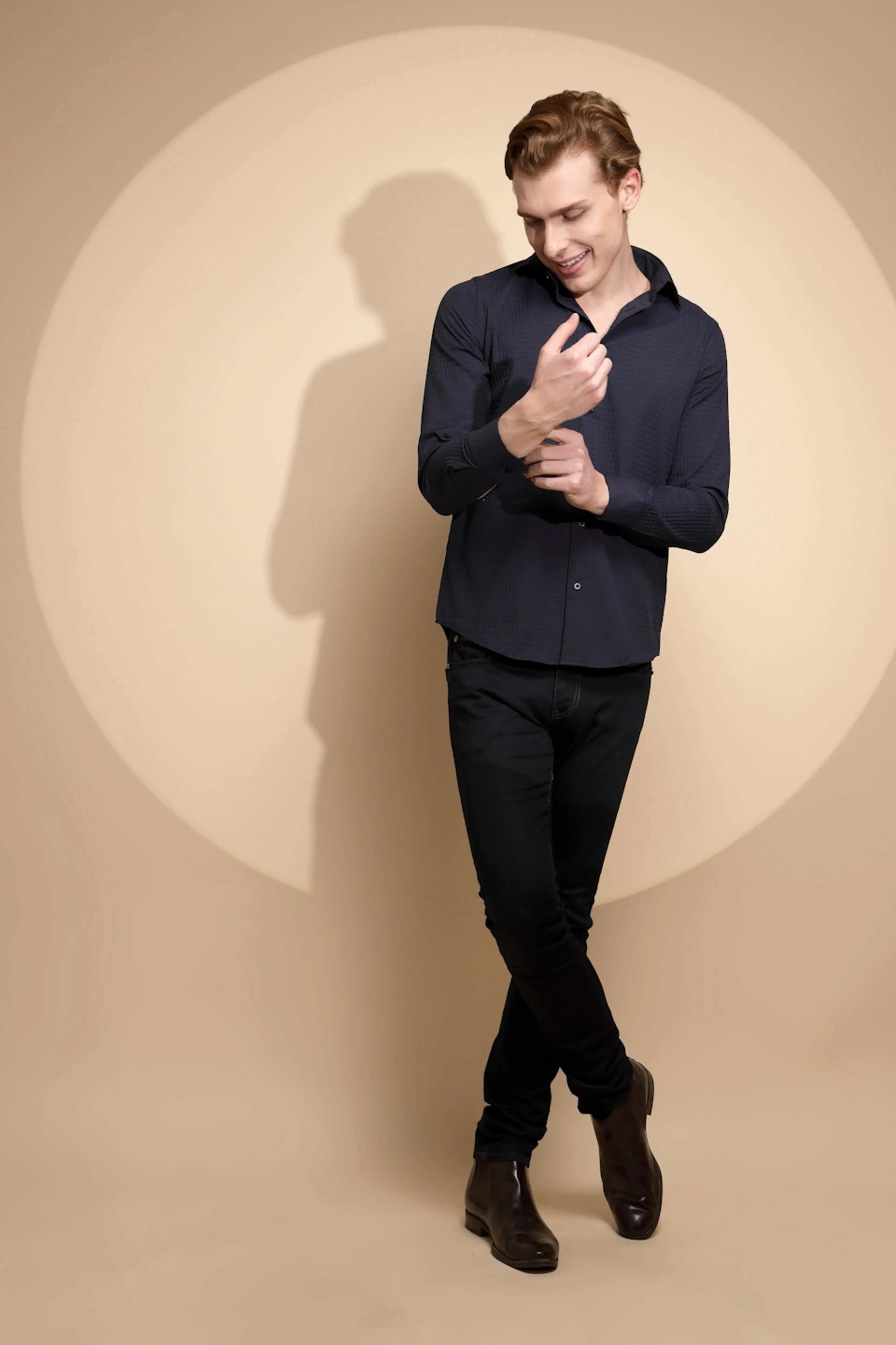 Navy Blue Solid Full Sleeve Collar Neck cotton Shirt - Global Republic