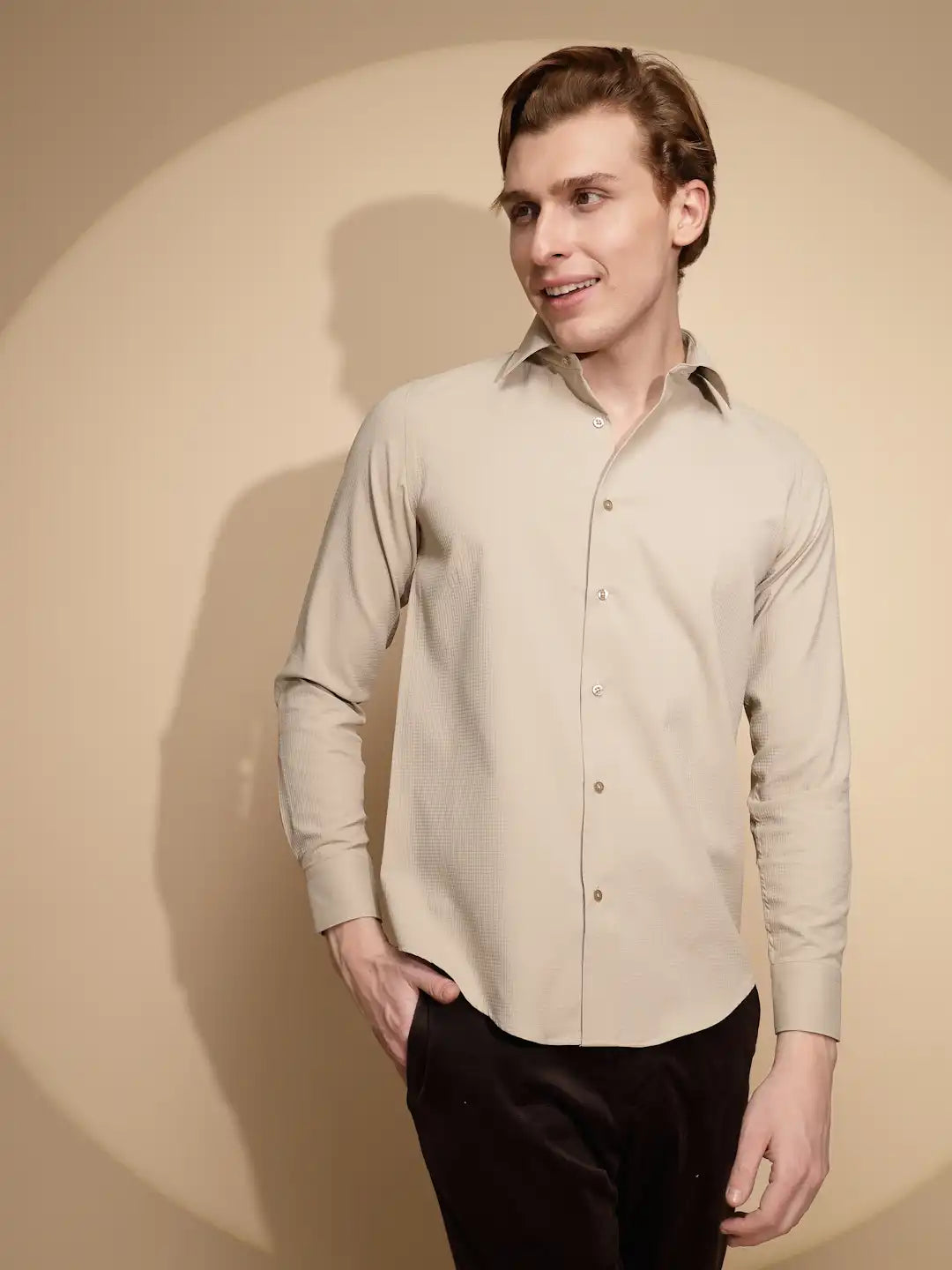 Men Beige Solid Full Sleeve Collar Neck cotton Shirt - Global Republic