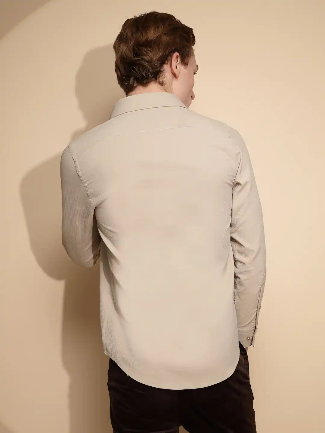 Men Beige Solid Full Sleeve Collar Neck cotton Shirt - Global Republic