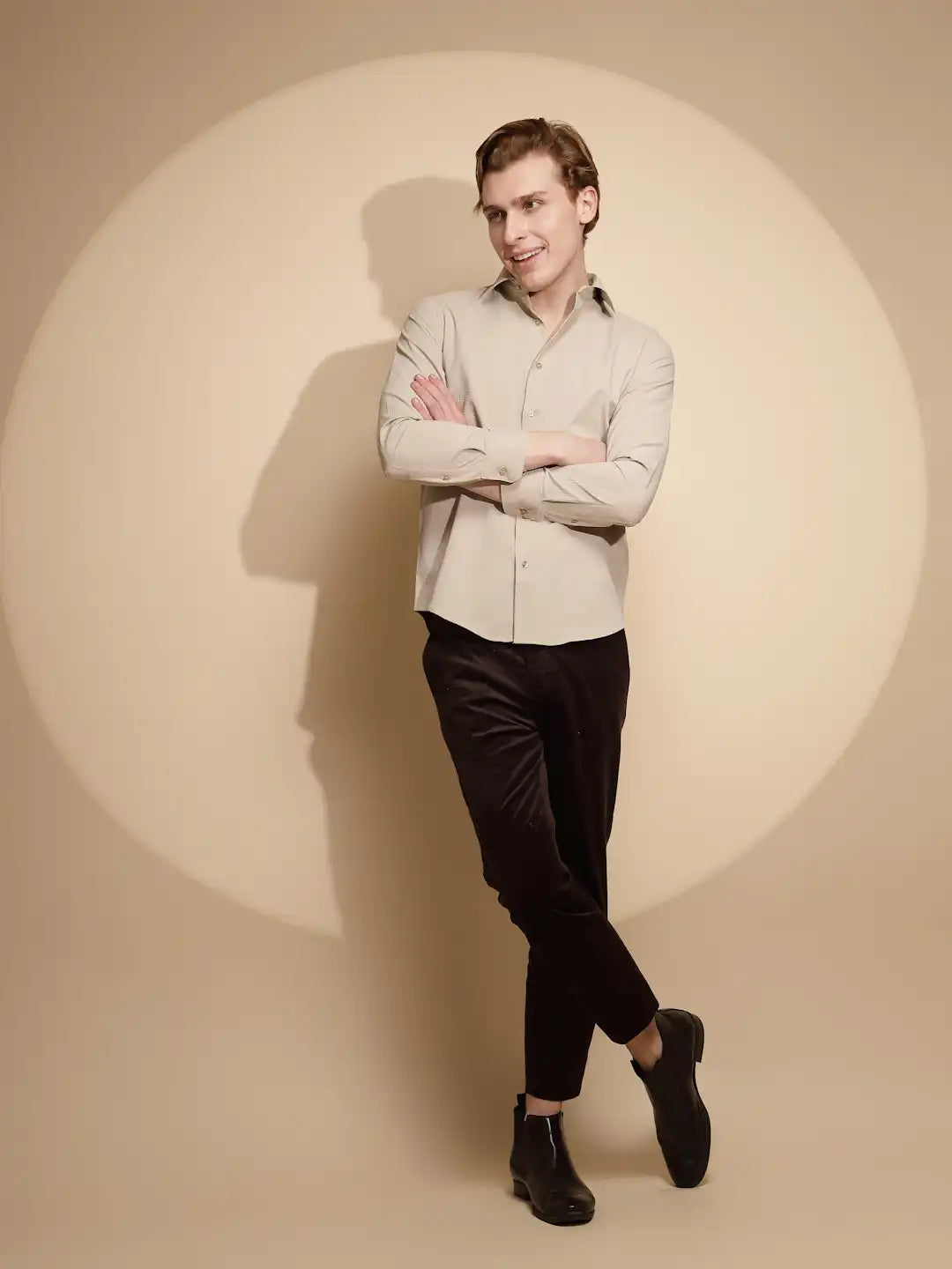 Beige Solid Full Sleeve Collar Neck cotton Shirt - Global Republic