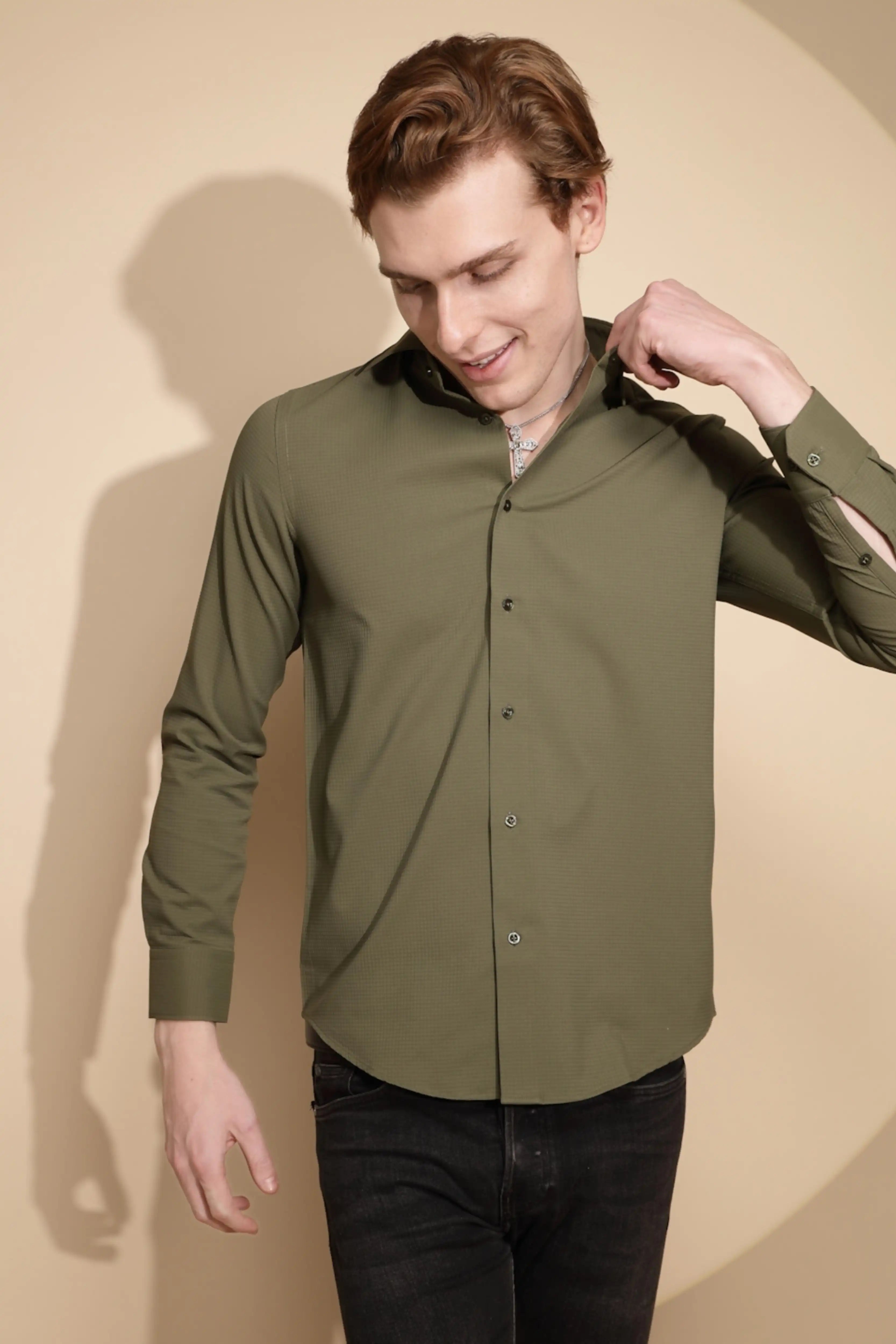 Olive Solid cotton Shirt