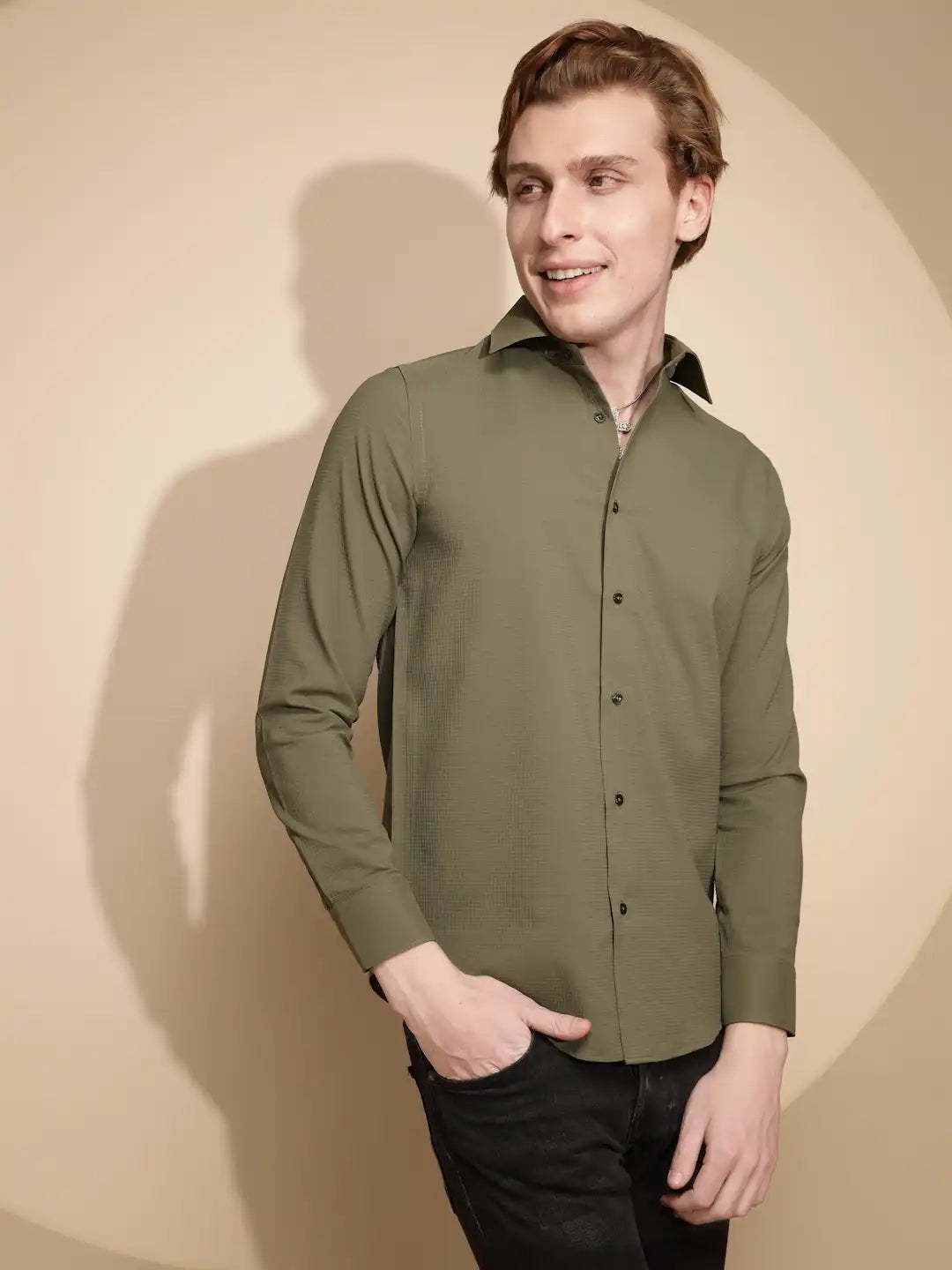 Olive Solid cotton Shirt - Global Republic