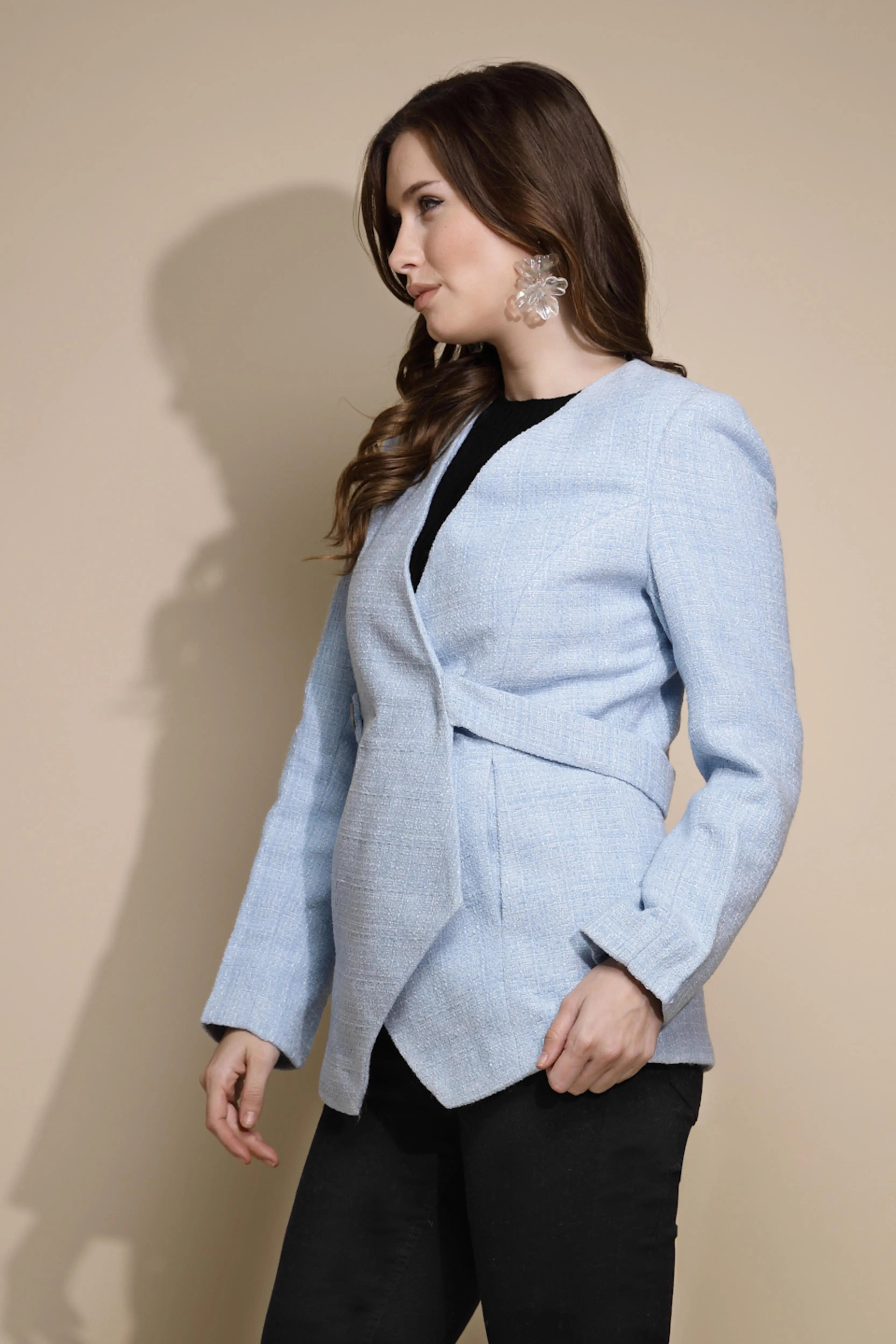 Blue Solid Tweed Coat - Global Republic