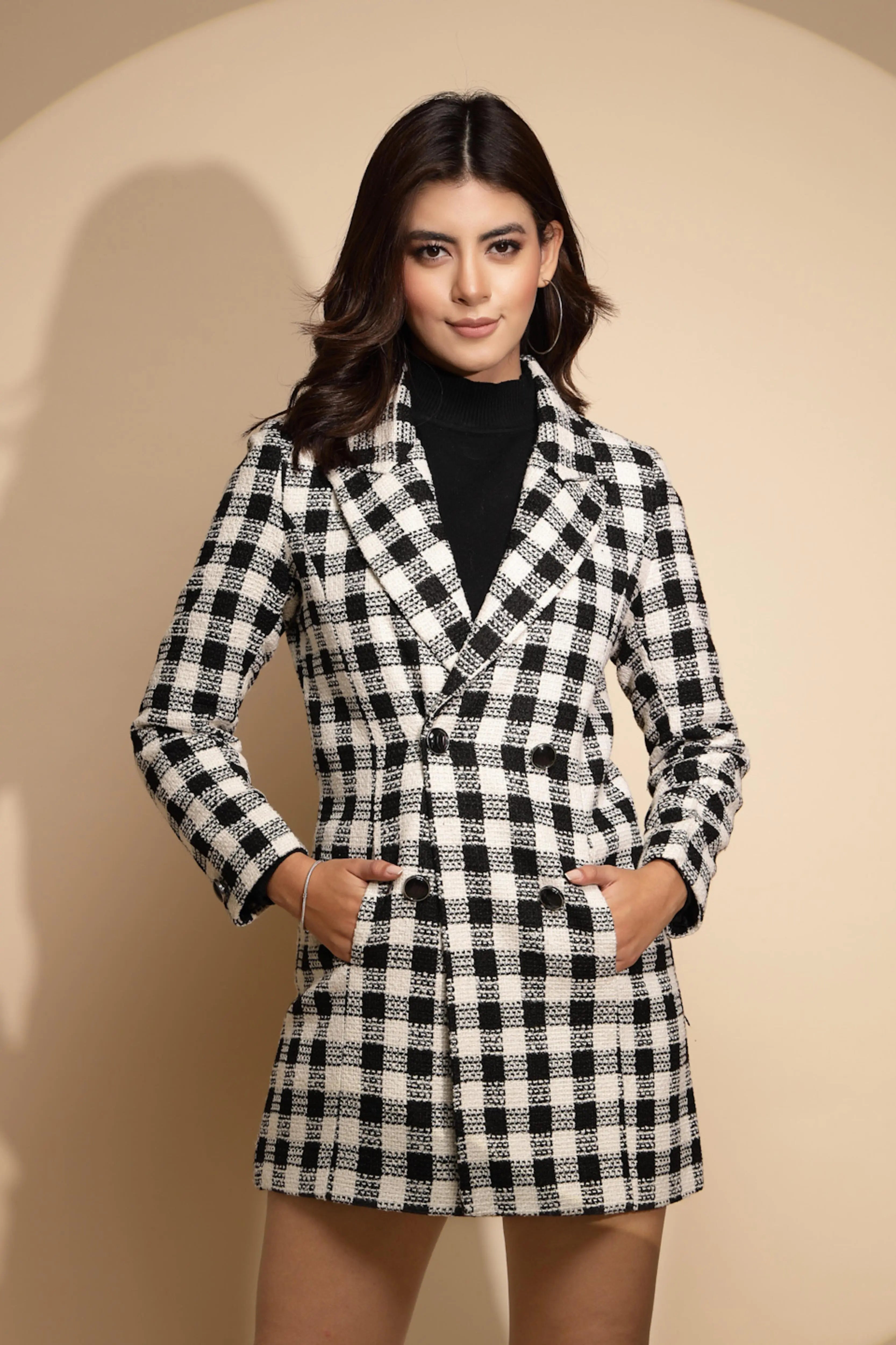 Women Black & White Checkered Collared Neck Full Sleeve Woolen Coat - Global Republic