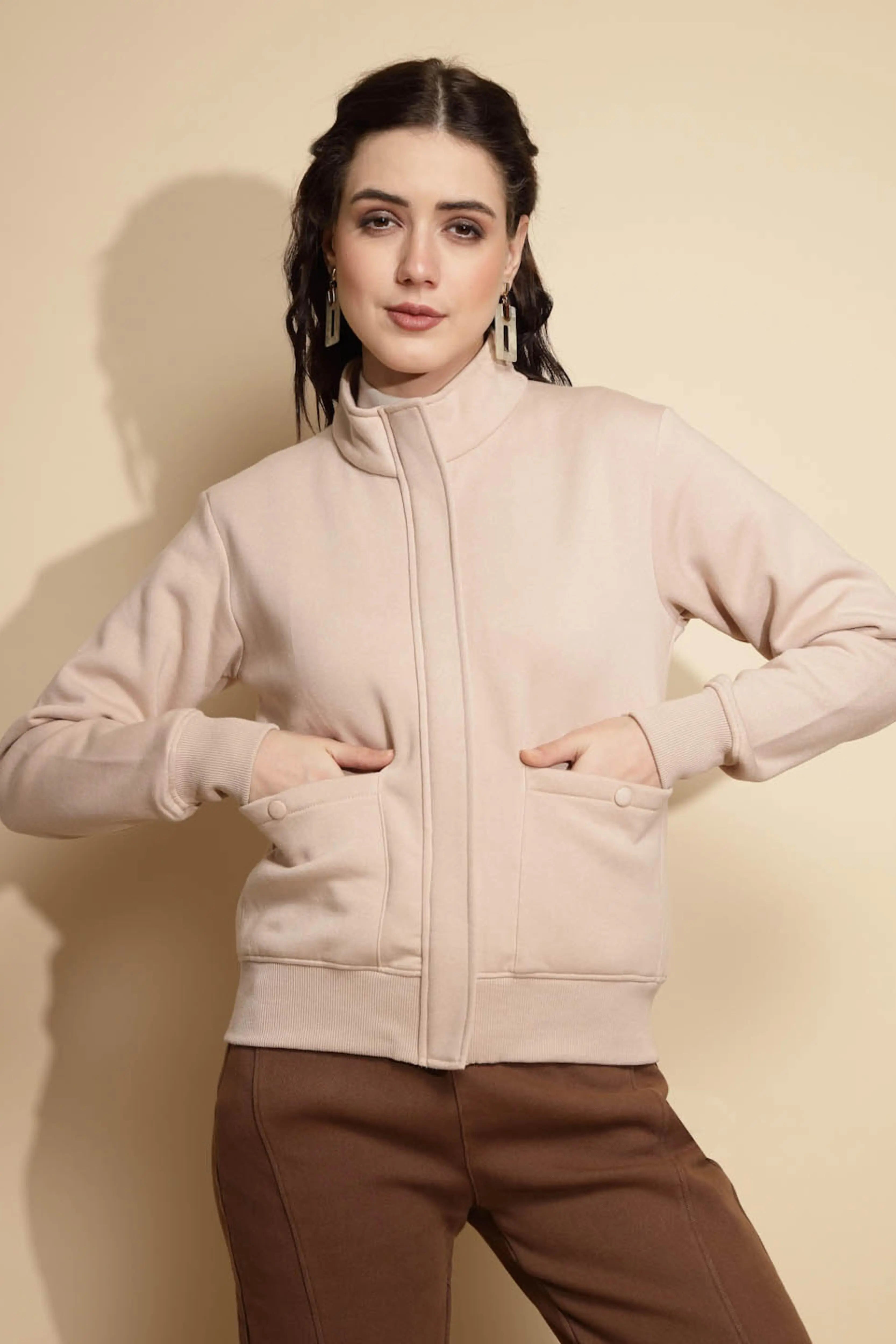 Beige Solid Acrylic Sweatshirt - Global Republic