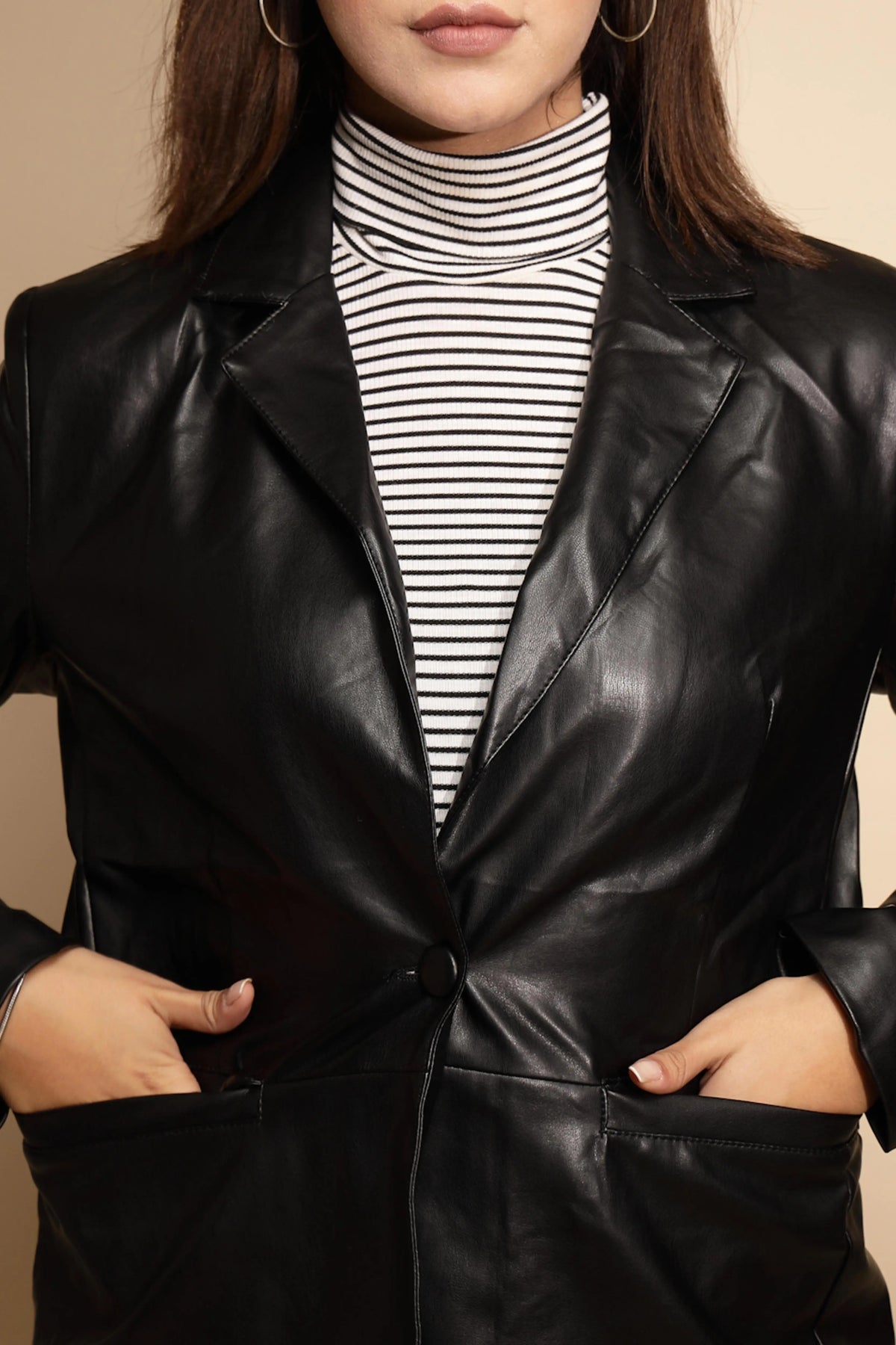Women Black Solid Collared Neck Full Sleeve Leather Coat - Global Republic