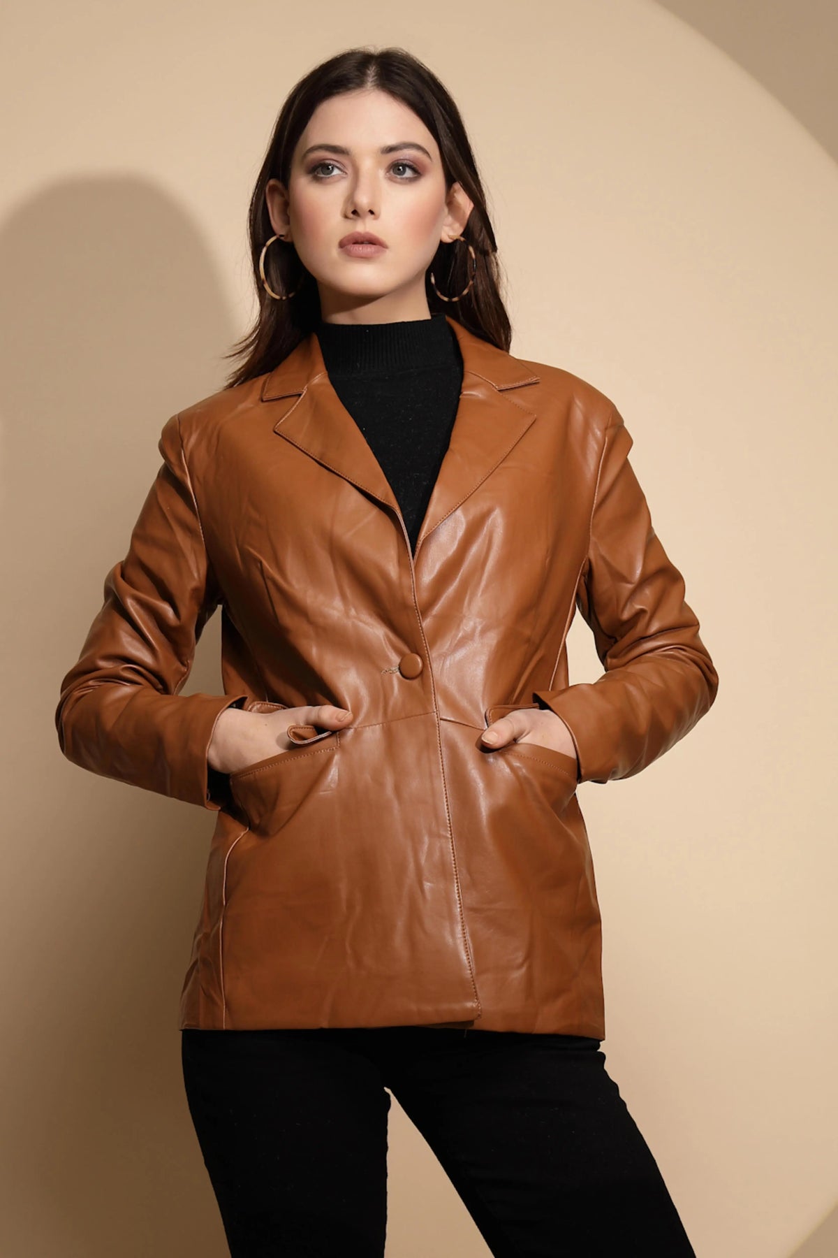 Brown Collared Neck Leather Coat – Global Republic - Main Image