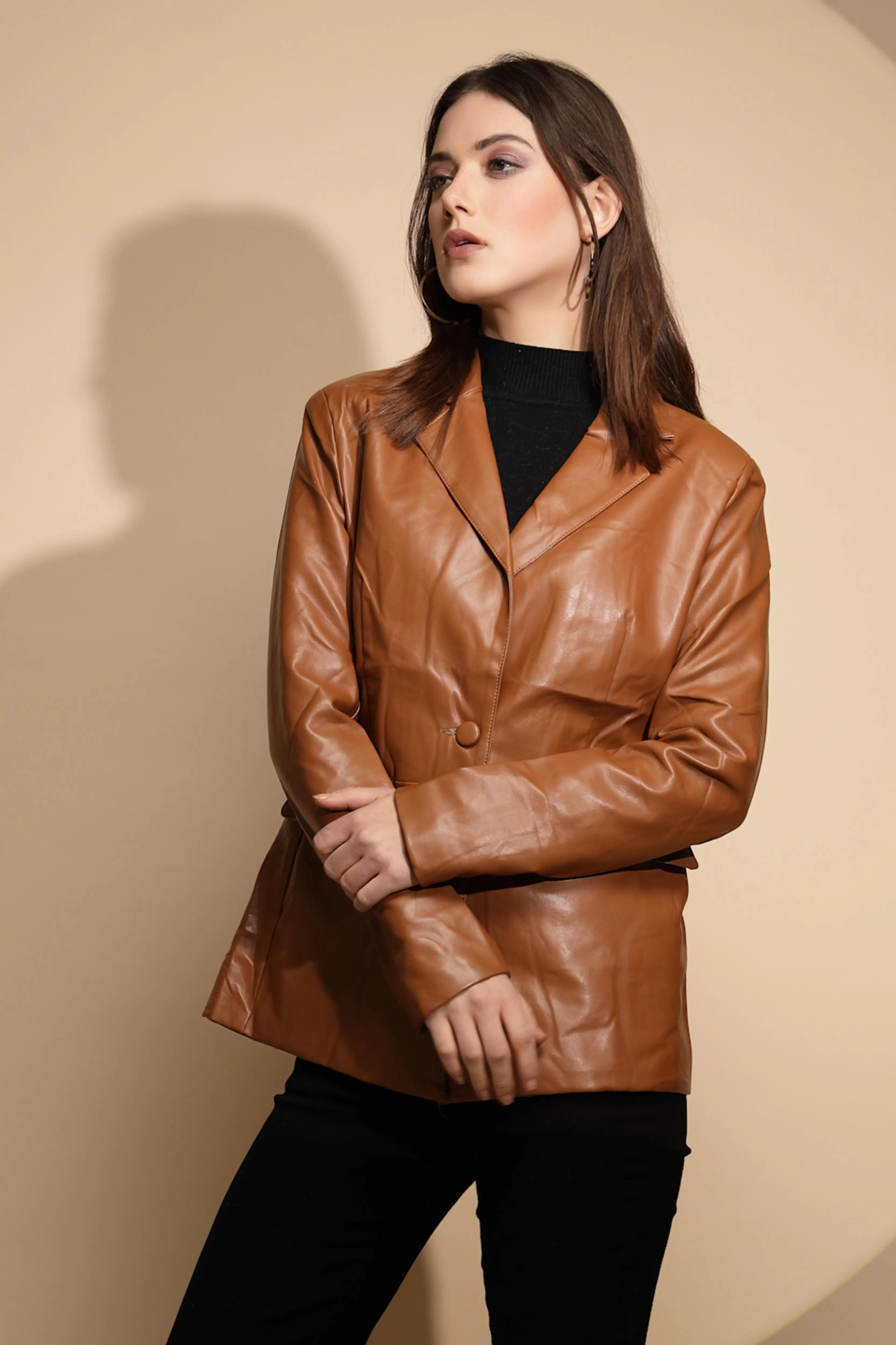 Brown Collared Neck Leather Coat - Global Republic