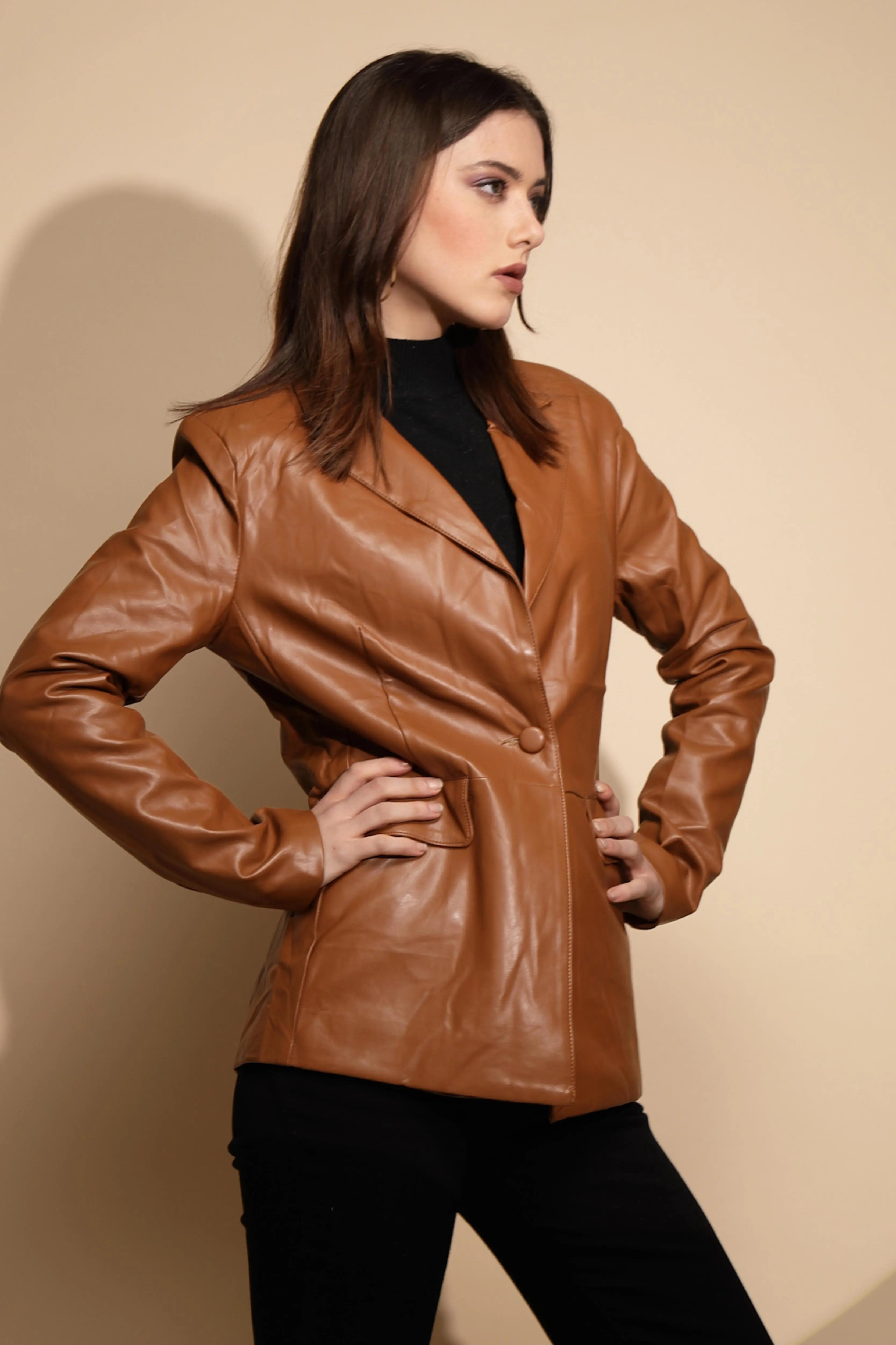 Brown Collared Neck Leather Coat - Global Republic
