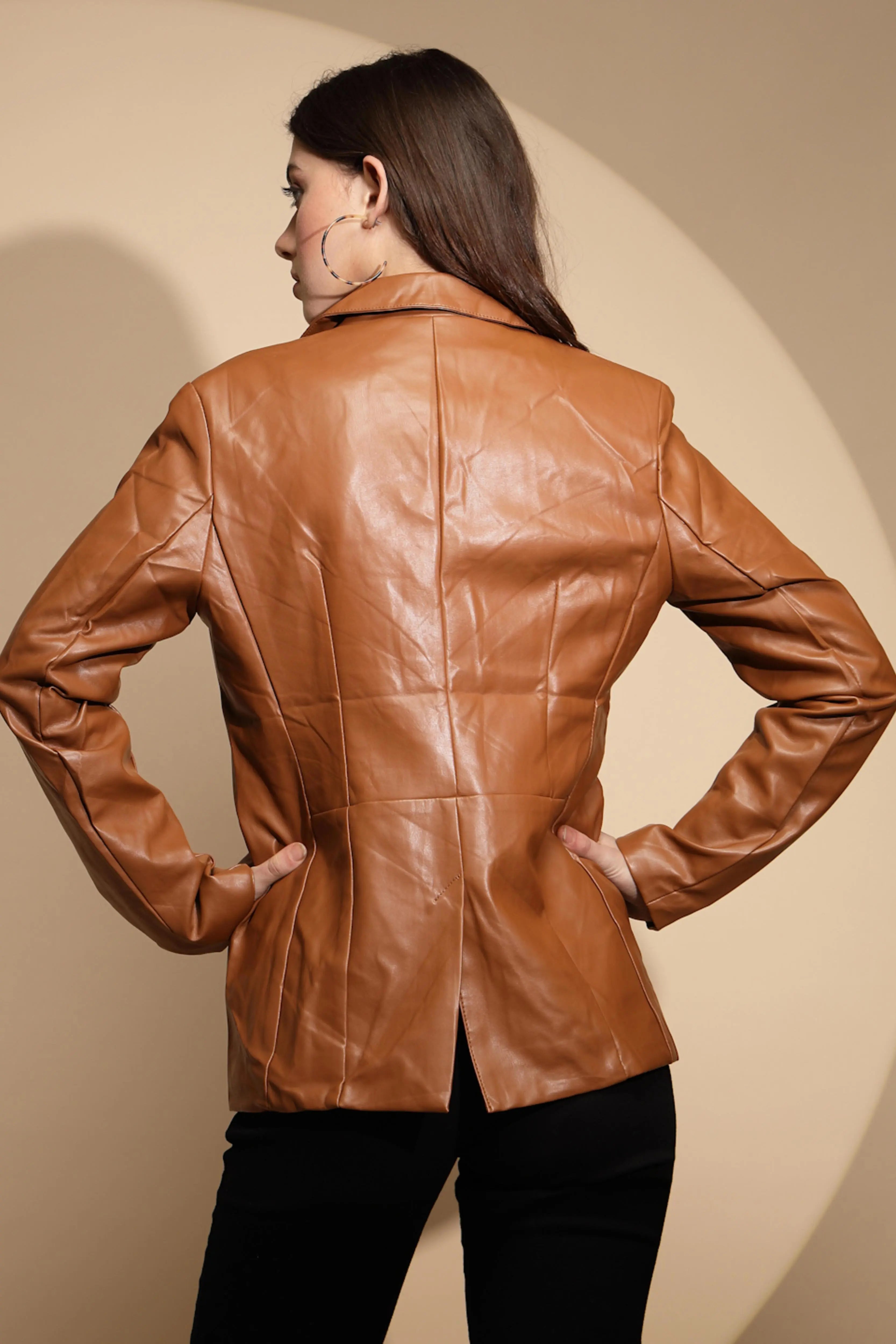 Brown Collared Neck Leather Coat - Global Republic