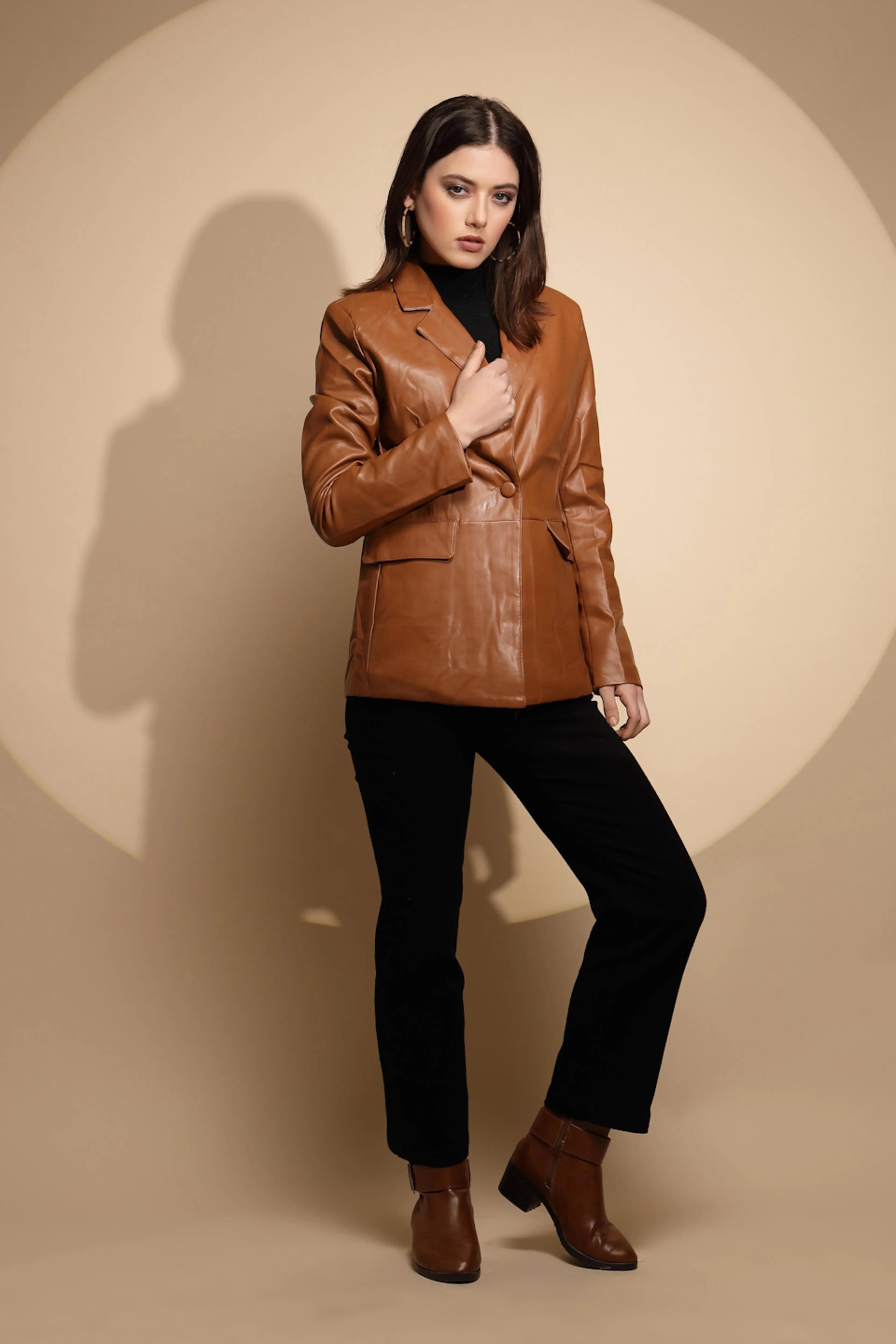 Brown Collared Neck Leather Coat - Global Republic
