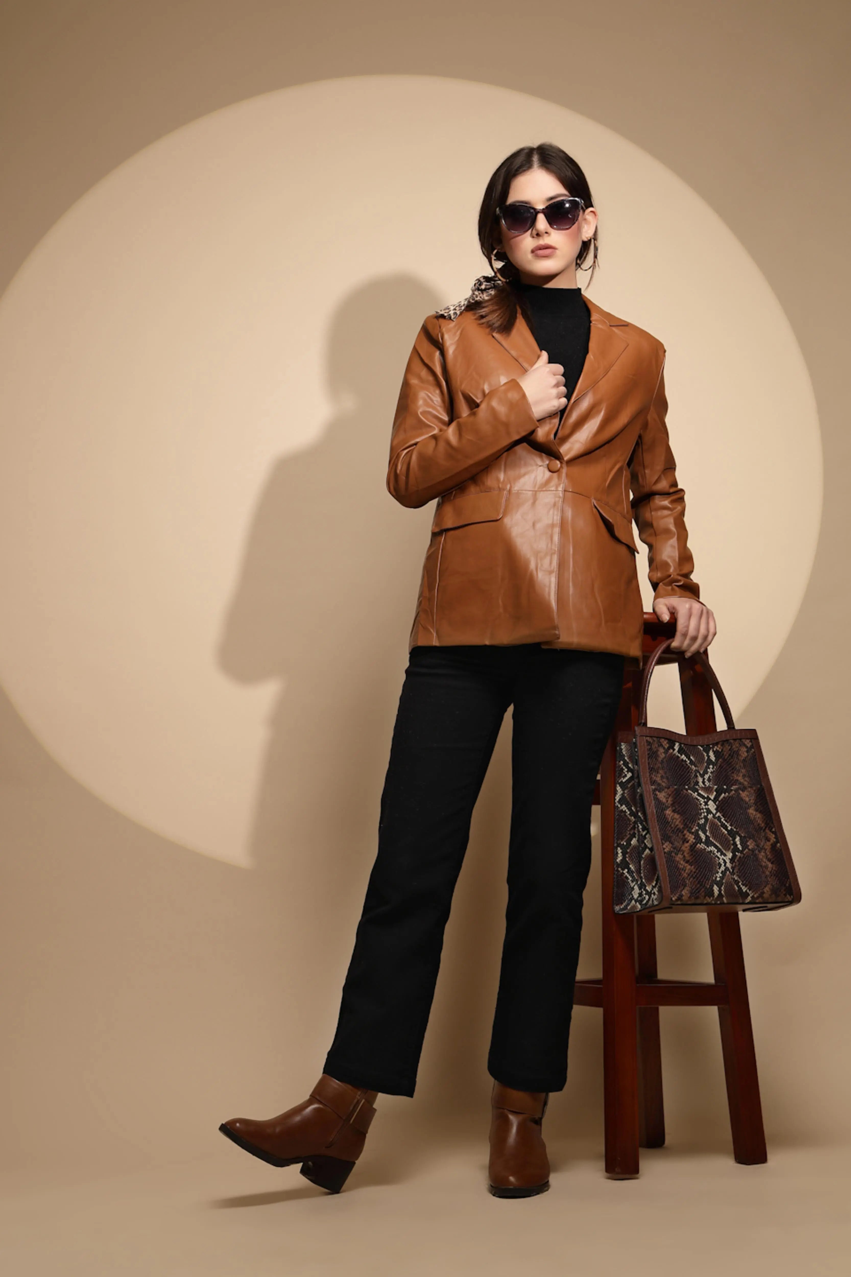 Brown Collared Neck Leather Coat - Global Republic
