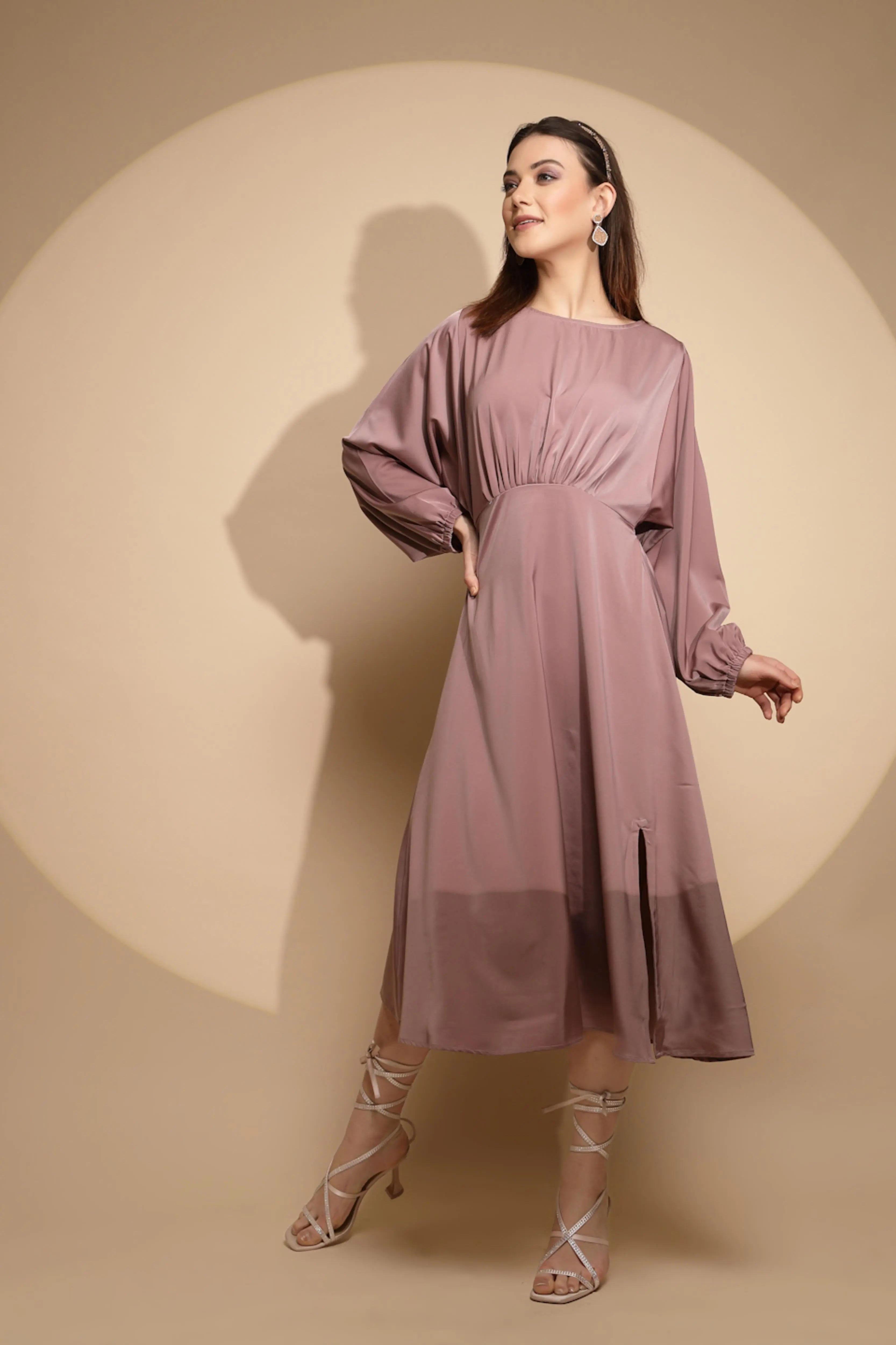Dusty Nude Solid Satin Long Dress - Global Republic