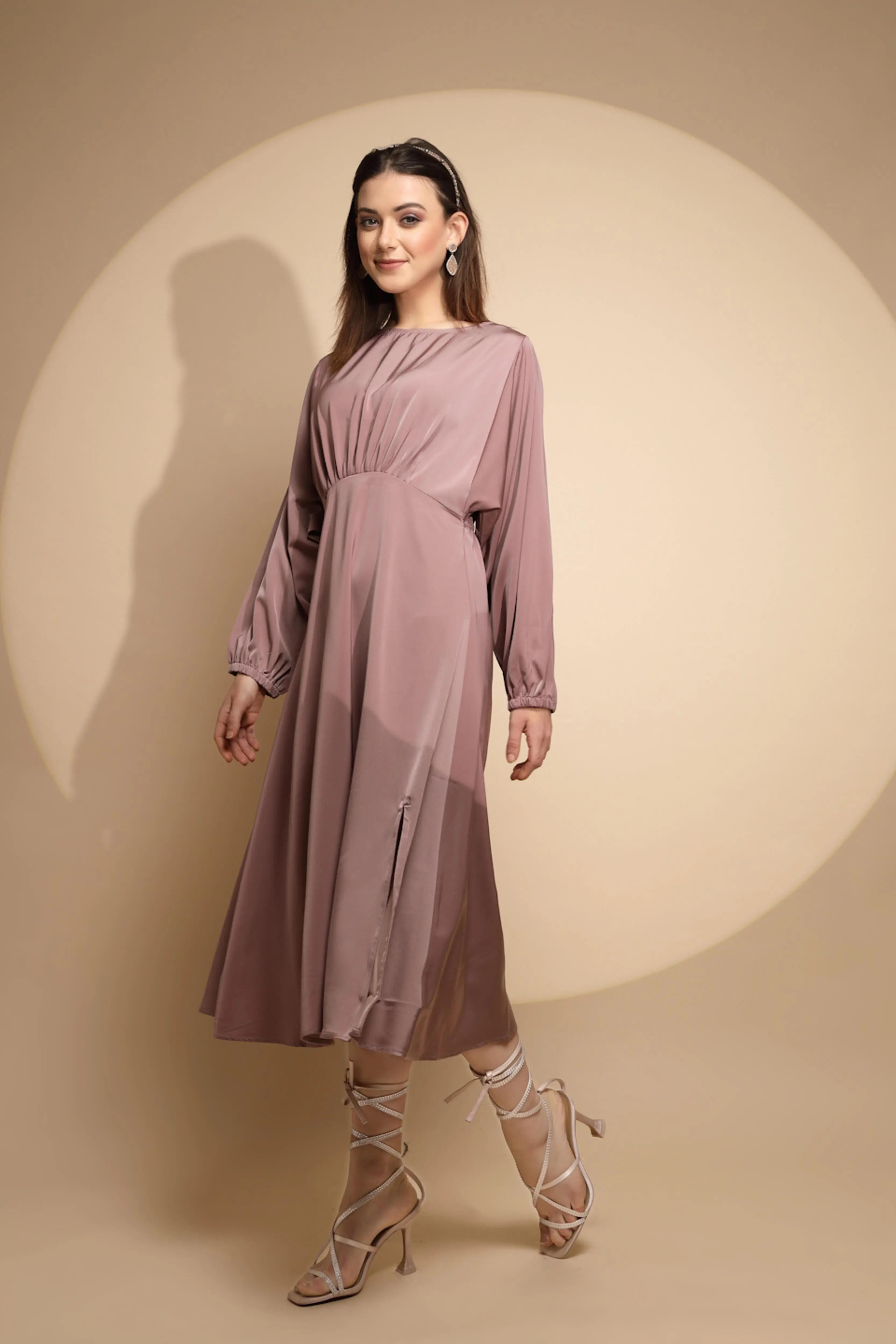 Dusty Nude Solid Satin Long Dress - Global Republic