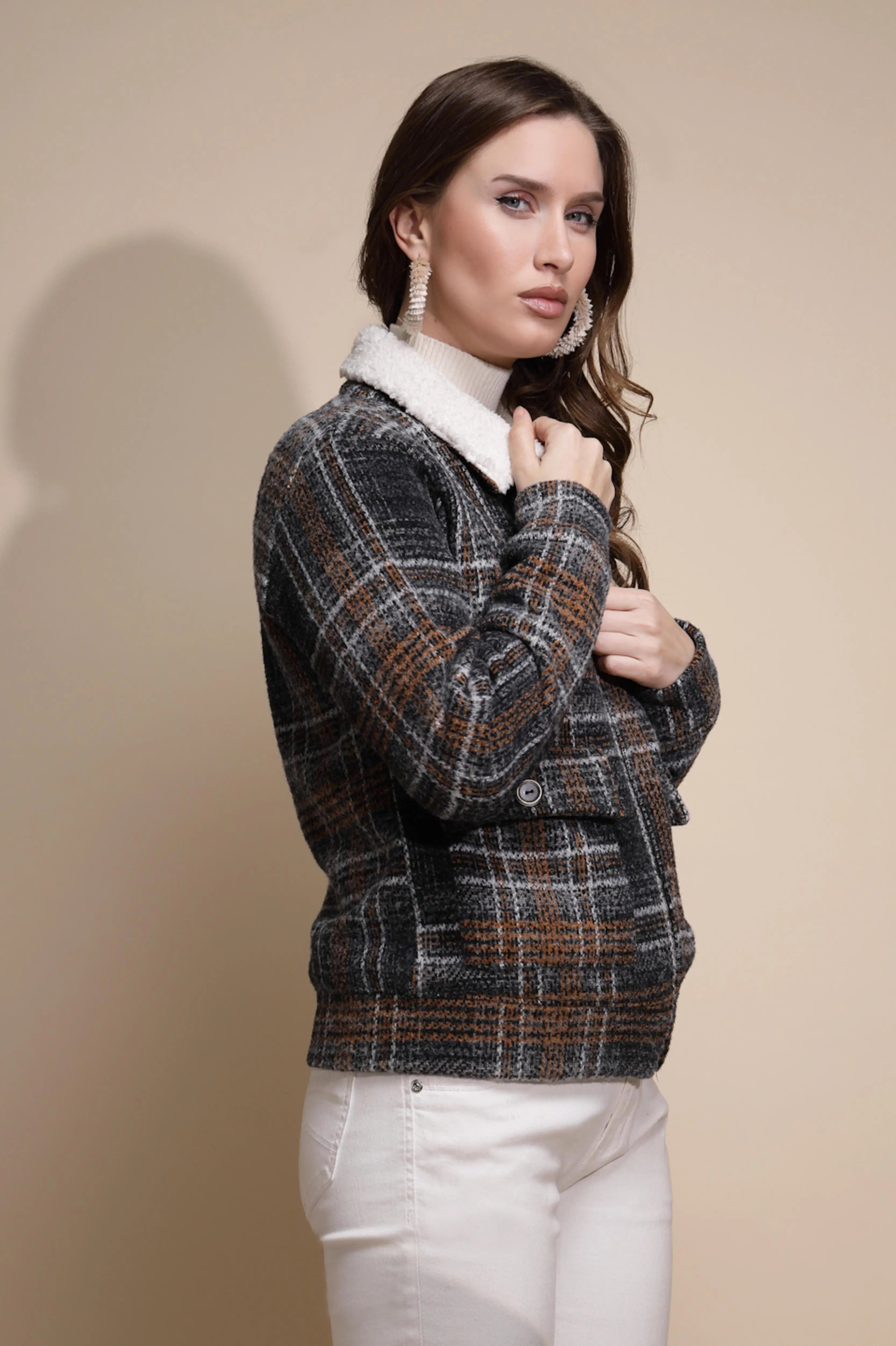 Women Grey Check Full Sleeve Collared Neck Fleece Sweatshirt - Global Republic