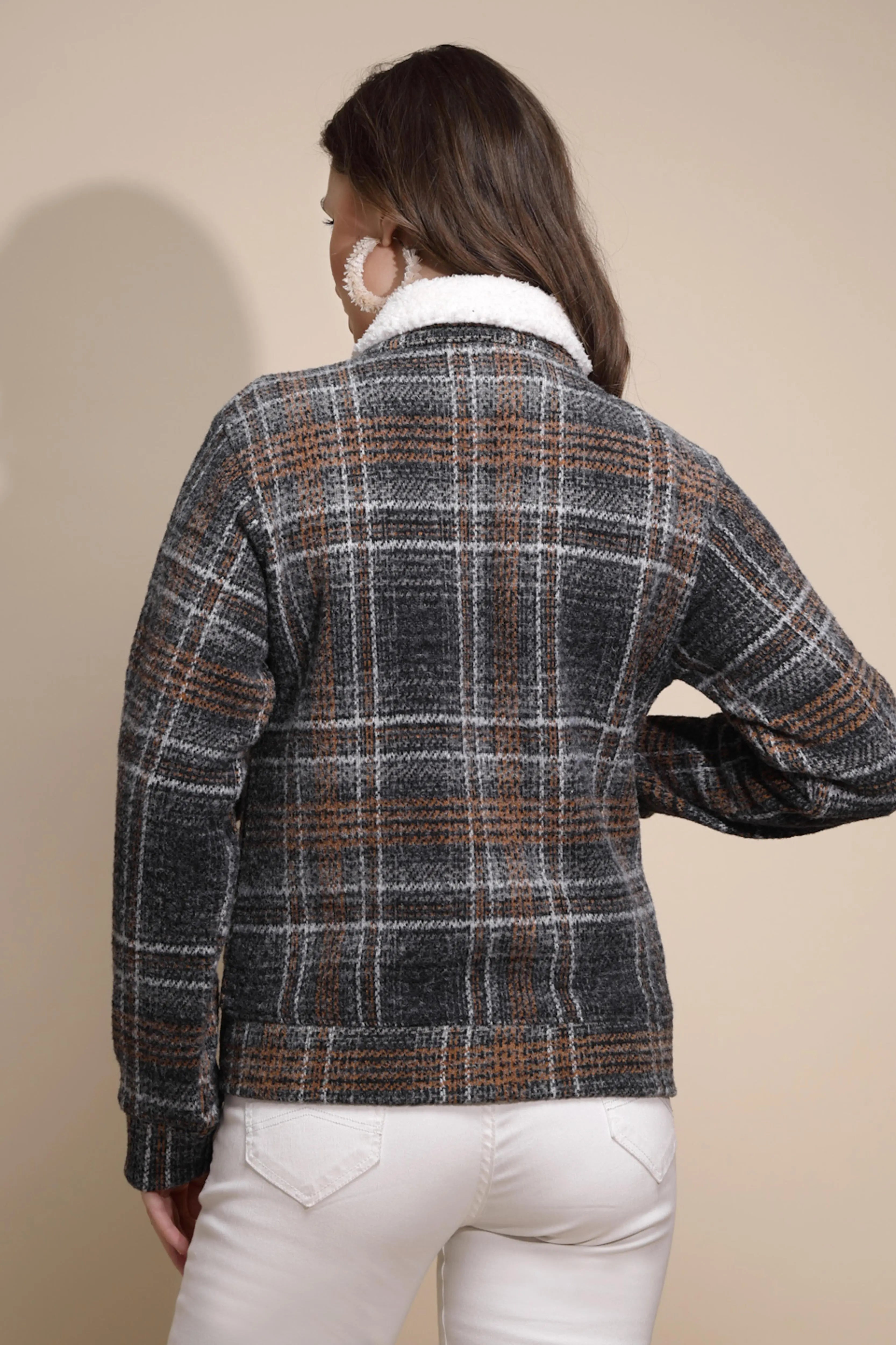 Women Grey Check Full Sleeve Collared Neck Fleece Sweatshirt - Global Republic